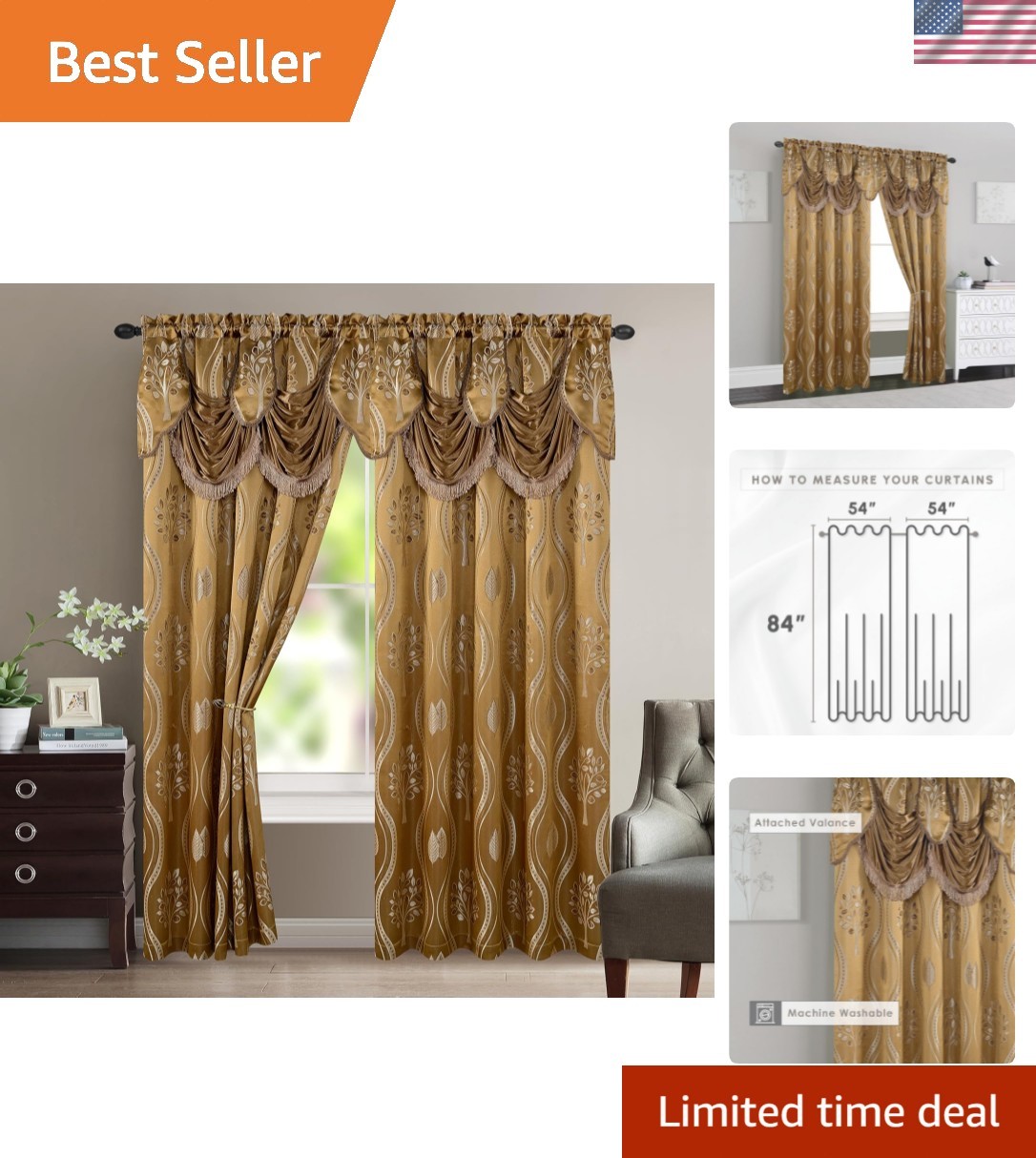 Aurora Sheer Jacquard Curtain Panel Set, 54″ x 84″ with Elegant Valance, Taupe