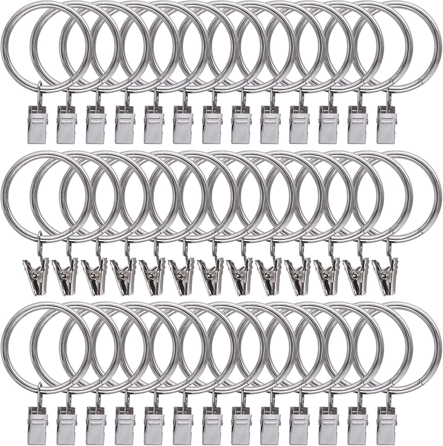 44 Pack Curtain Rings with Clips Silver Stainless Steel 1.5 Inch Hangers