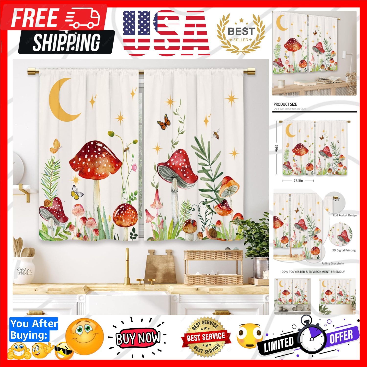 Mushroom Botanical Kitchen Curtains Flower Boho Floral Small Short Cafe Windo…