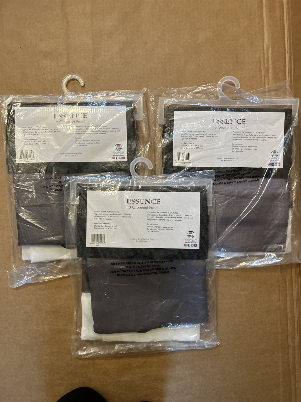 Lot of 3 Essence Sheer Ombre Grommet Window Panel, Charcoal, 52×84 Inches (A3)