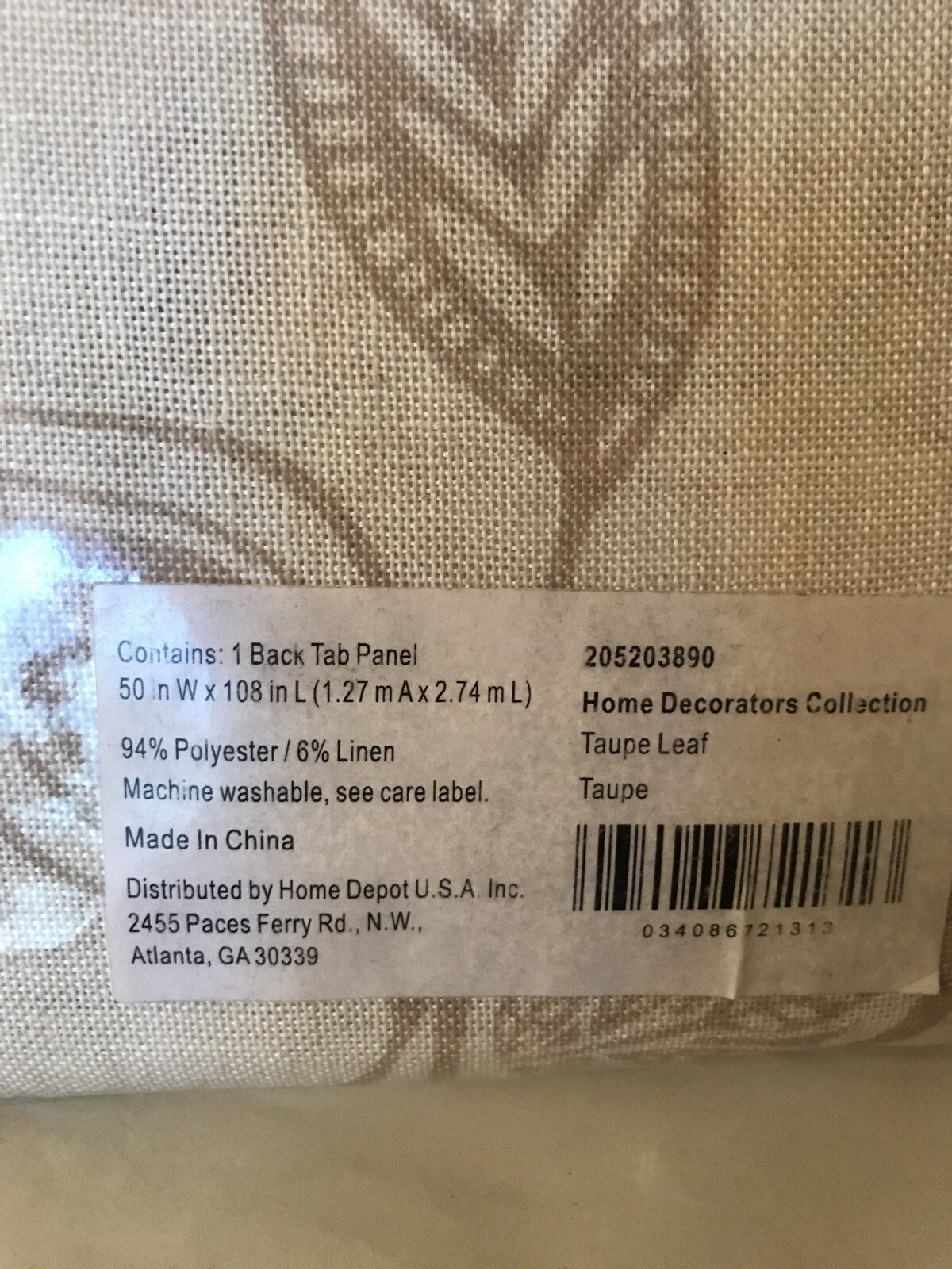 Taupe Leaf Home Decoration Back Panel W50″xL 108” Curtin Drape Linen & Poly New