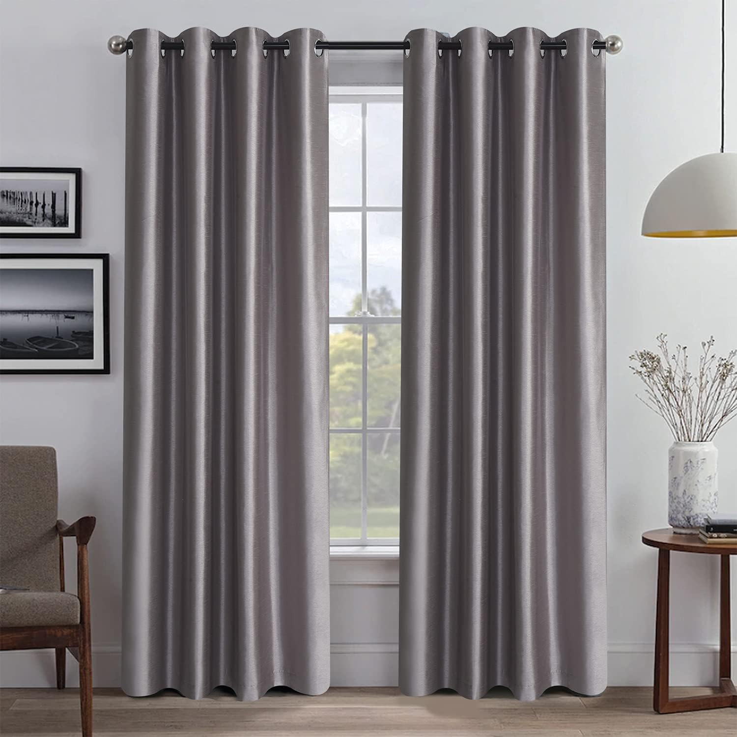 Thermal Insulated Faux Silk Blackout Curtains, 2 Panels, Warm Gray, 52×96