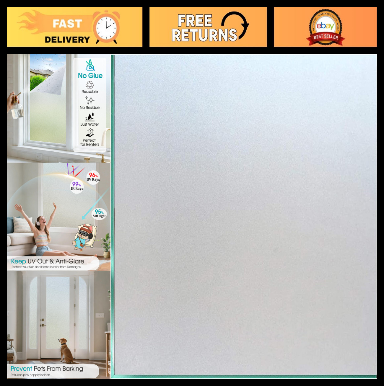 Frosted Glass Window Privacy Film – Static Cling, Anti-Glare, Heat Blocking, Rem