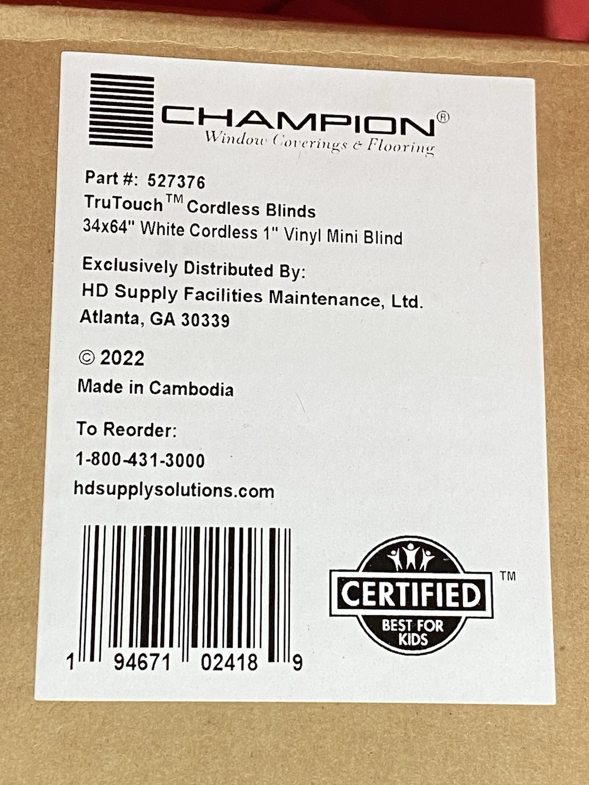 Champion Tru Touch Cordless Blinds 34 X 64 White FREE SHIPPING