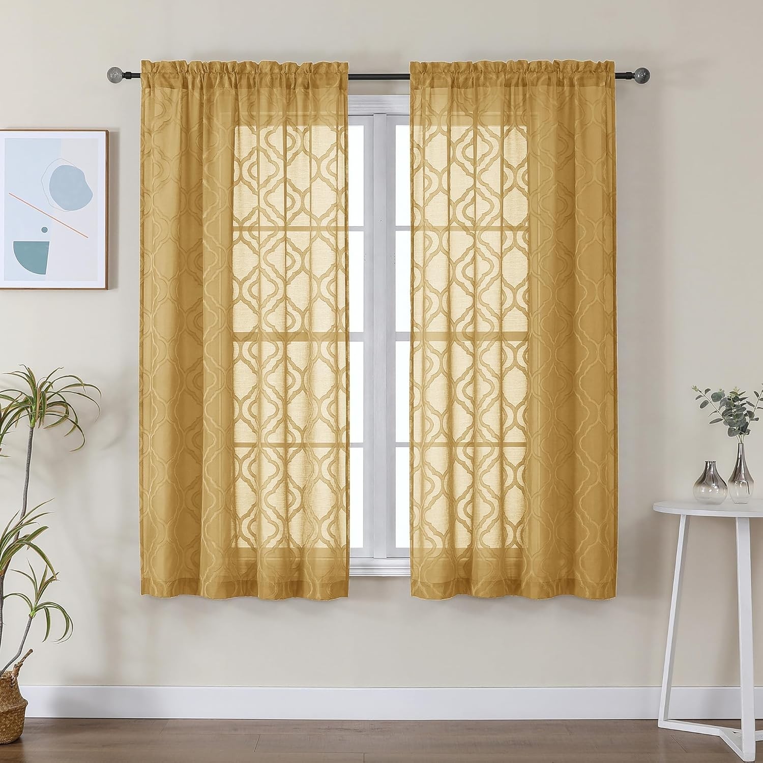 Sheer Curtains 63 Inches Long 2 Panels Set 42″W x 63″L Dark Gold
