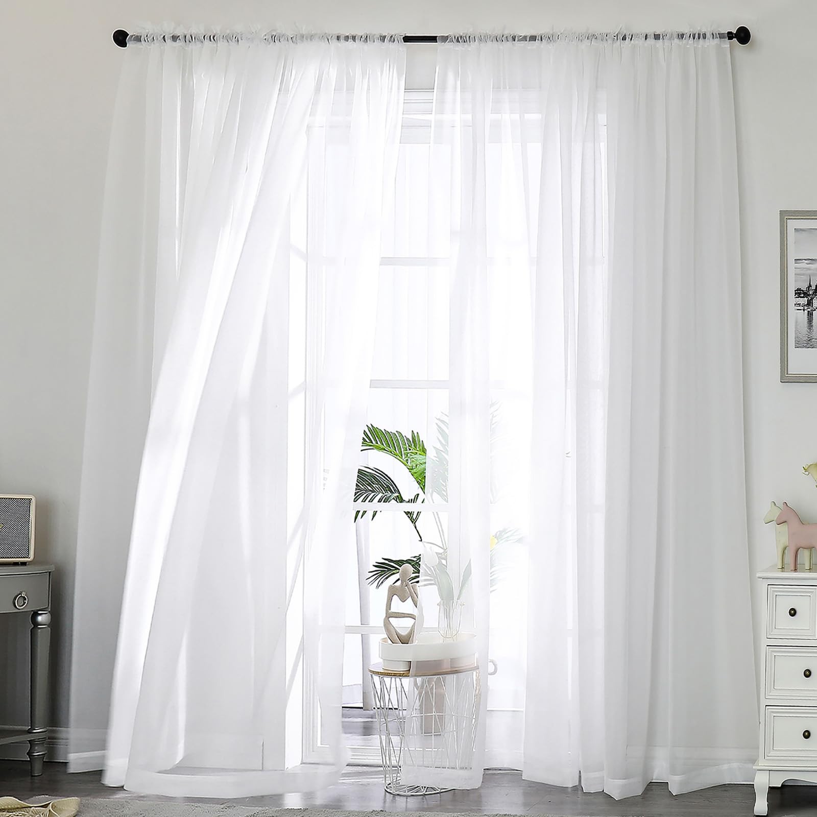 OWENIE Sheer Curtains 84 Inches Long 2 Panels Set, Sheer White Curtains for L…