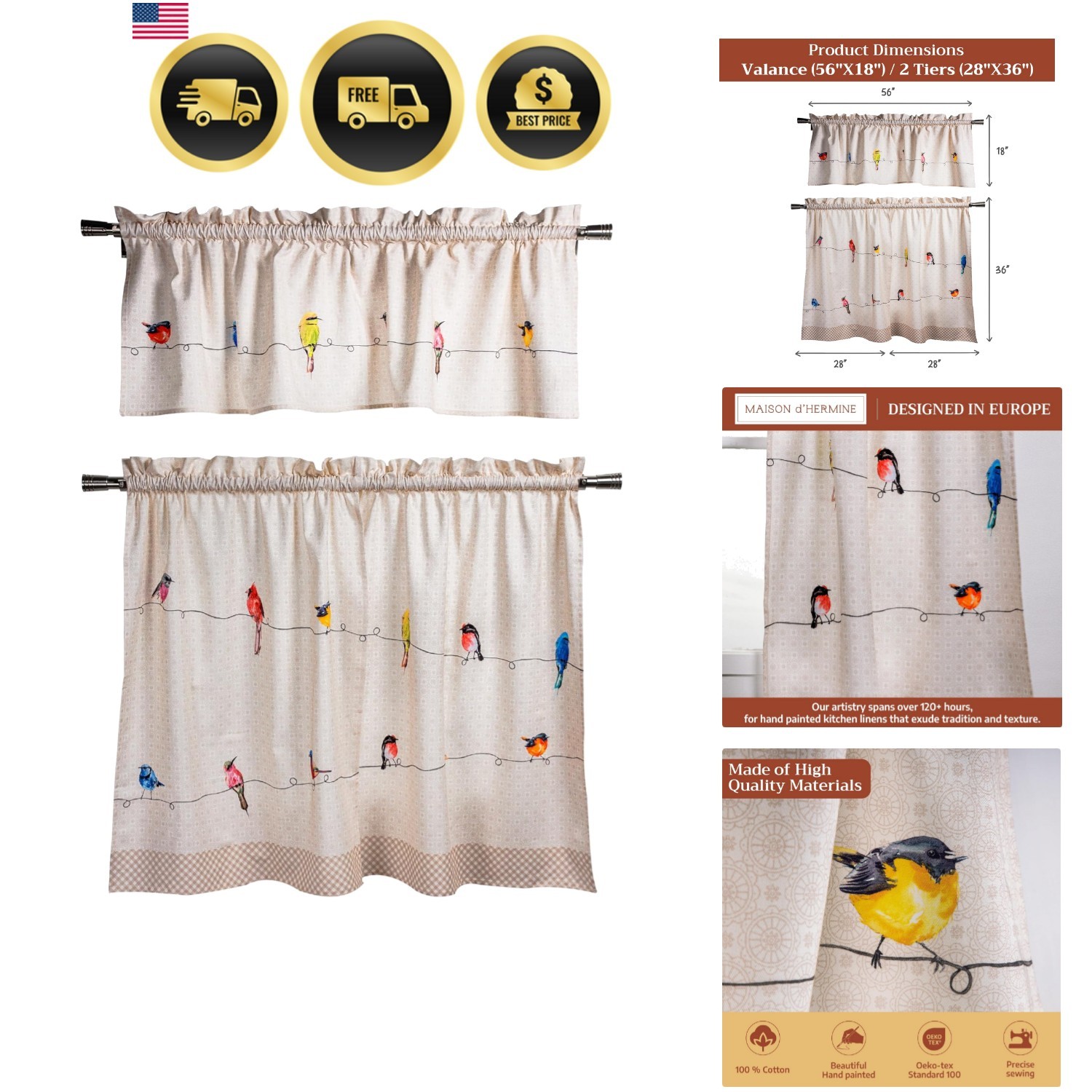 Kitchen Curtain Set for Windows 100% Cotton Set of Kitchen Curtain Valance fo…