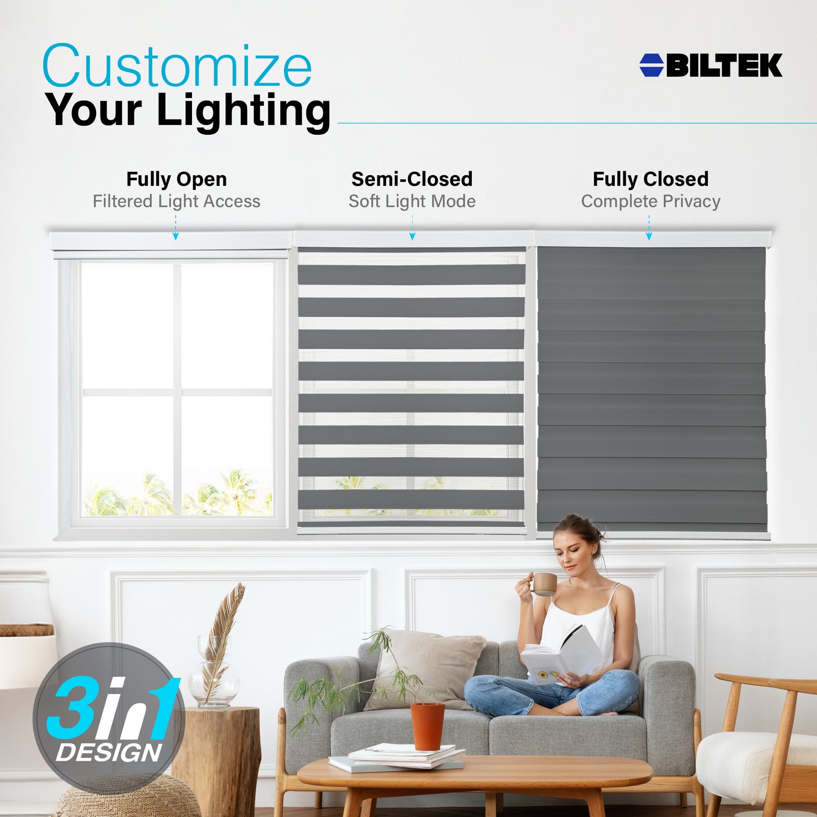 Cordless, Gray, Roller Shades Free-Stop Dual Layer Window Blinds – 47″x72″