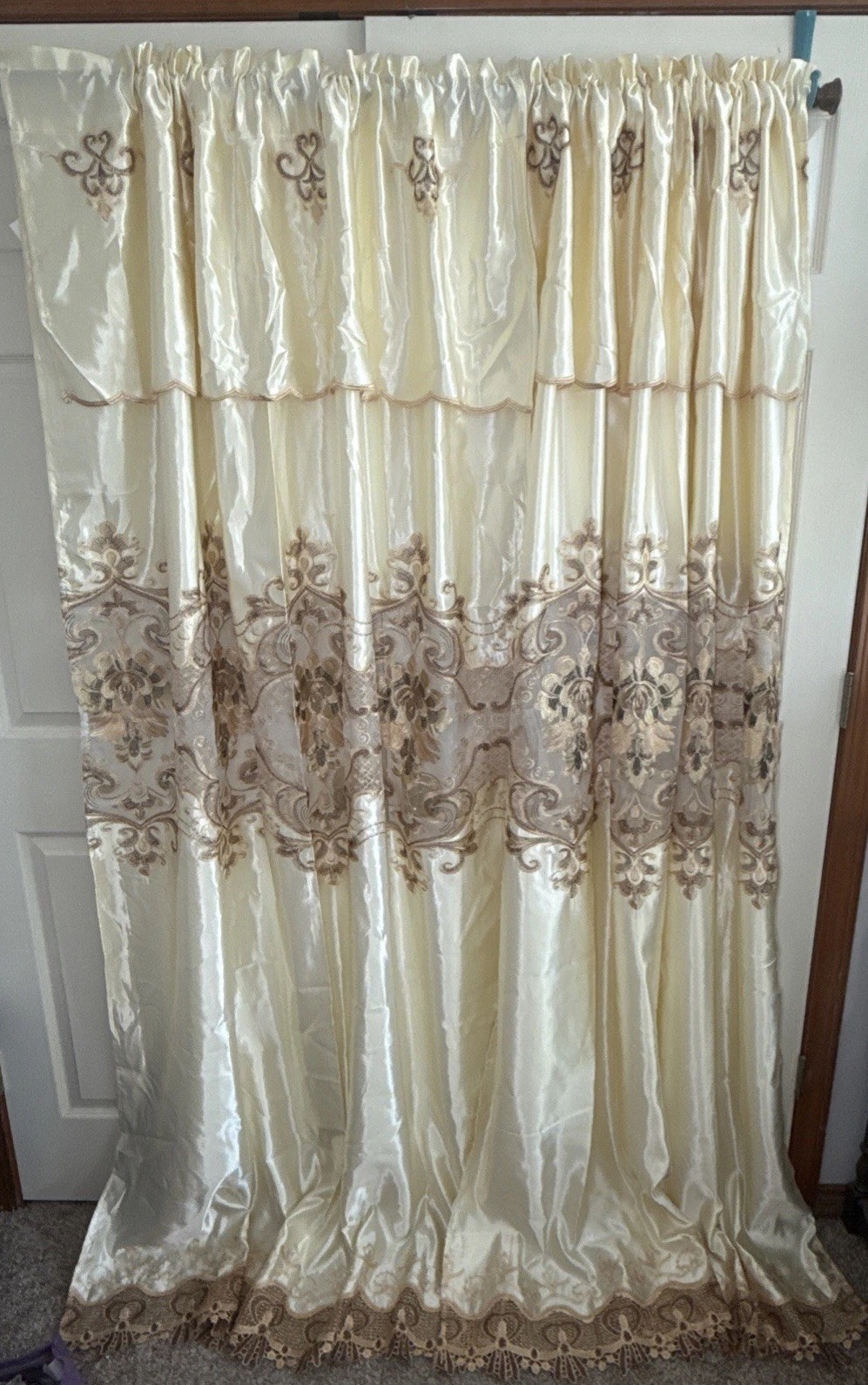Pair Curtains 2 Panels Attached Valance Ivory Shimmer Satin Sheer Lace 54 X 87”