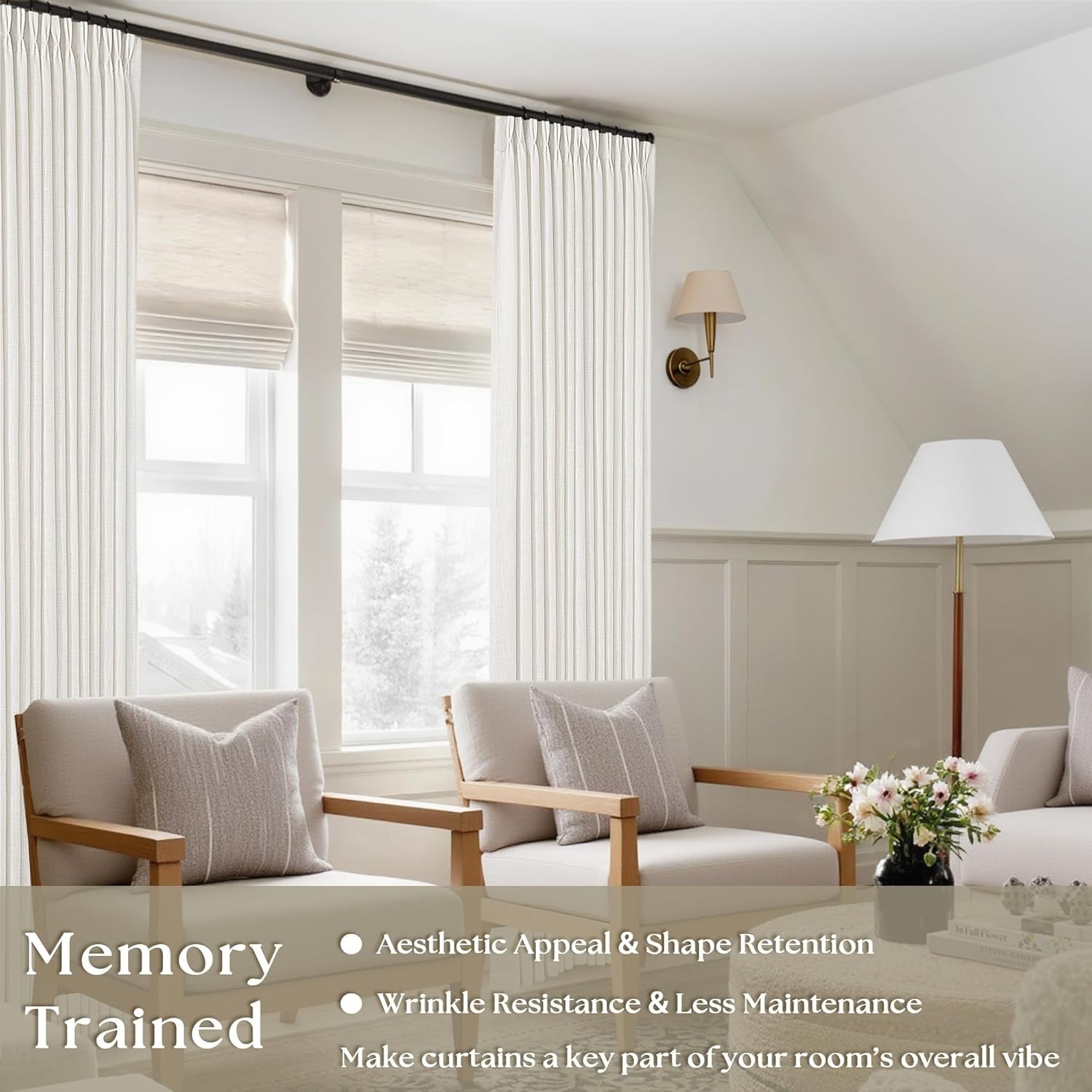 Pinch Pleated Beige White Sheer Curtains 84 Inches Long, 2 Panels Set