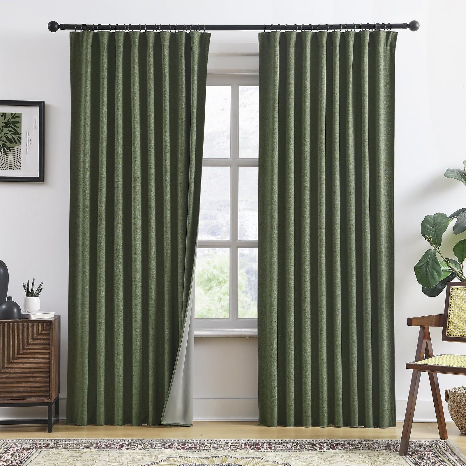 Olive Green Linen Curtains, Blackout, 84 Inch, Pinch Pleat, Bedroom