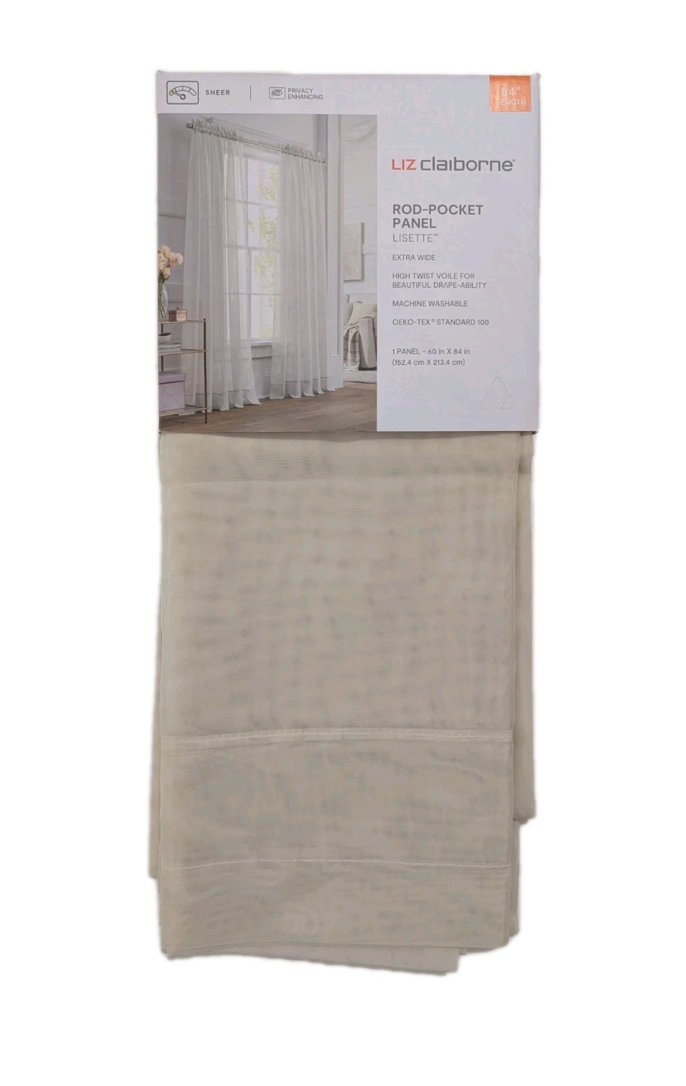 Liz Claiborne Rod Pocket 1 Panel Sheer 60 In X 84″ Length In Ivory Sheer BIN 1
