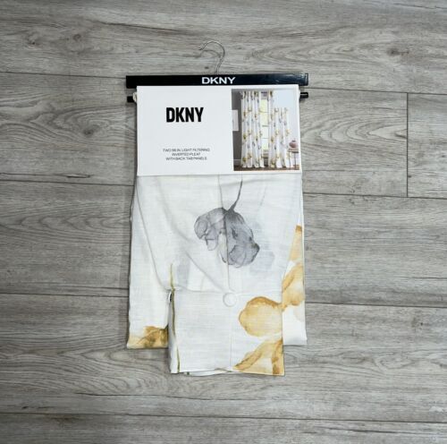 DKNY 32 x 96 City Bloom Inverted Pleat Cotton White Yellow Gray Flowers Curtains