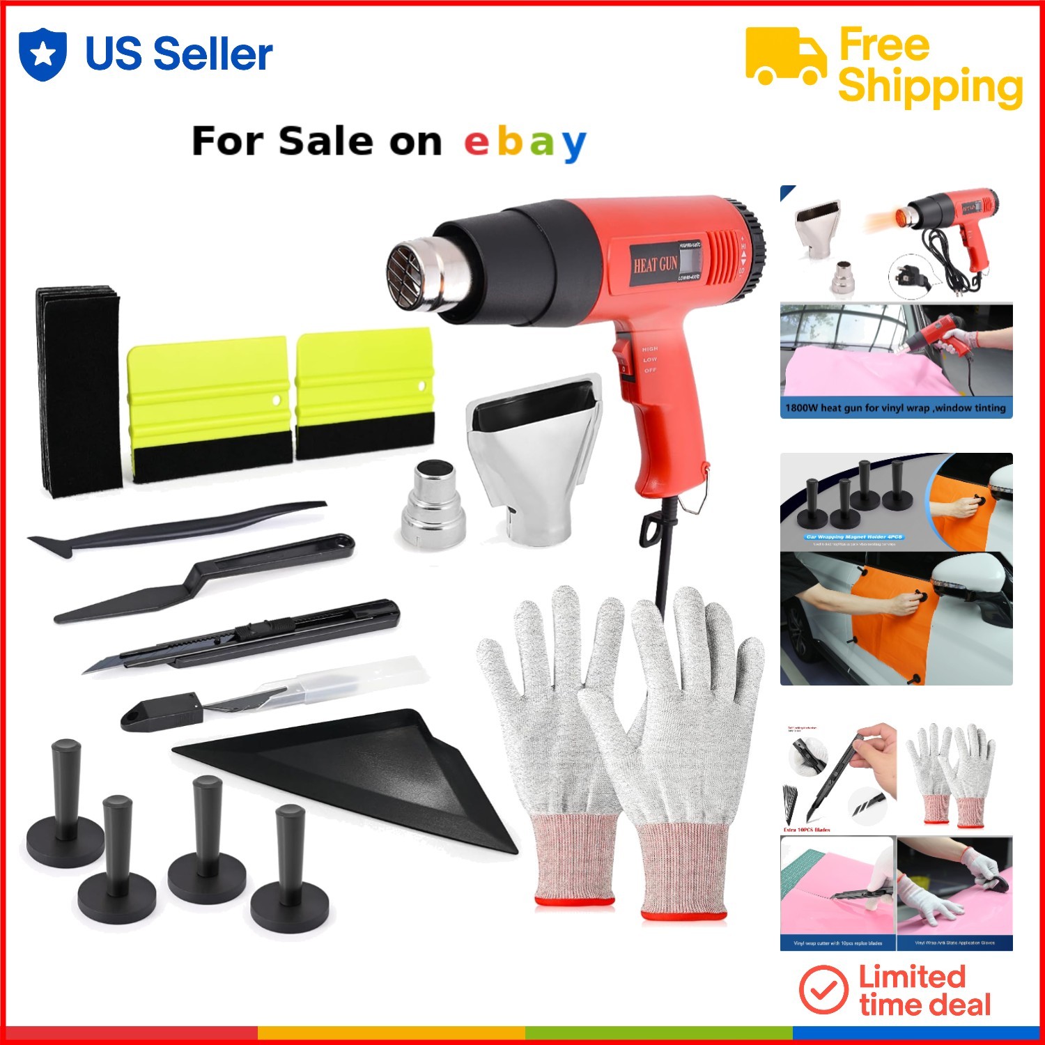 Window Tint Kit Vinyl Wrap Tool Set with Heat Gun Squeegees Gloves for Car