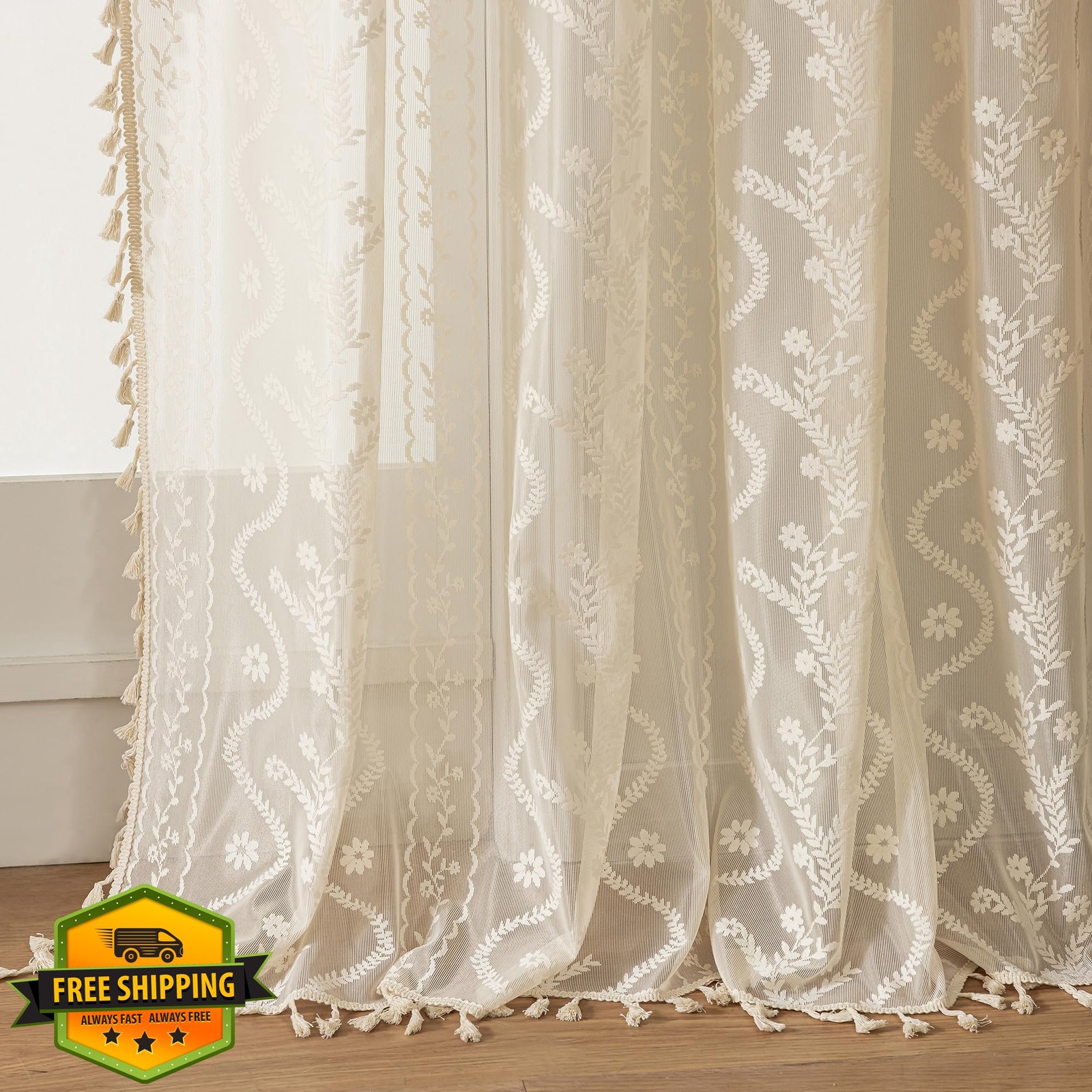 WAZZIO Beige Boho Lace Curtains 52″W x 45″L