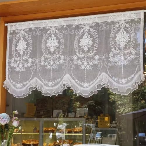 Short Lace Valances for Windows, Ruffle Lace Pearl 43″W x 26″L (Pack of 1)