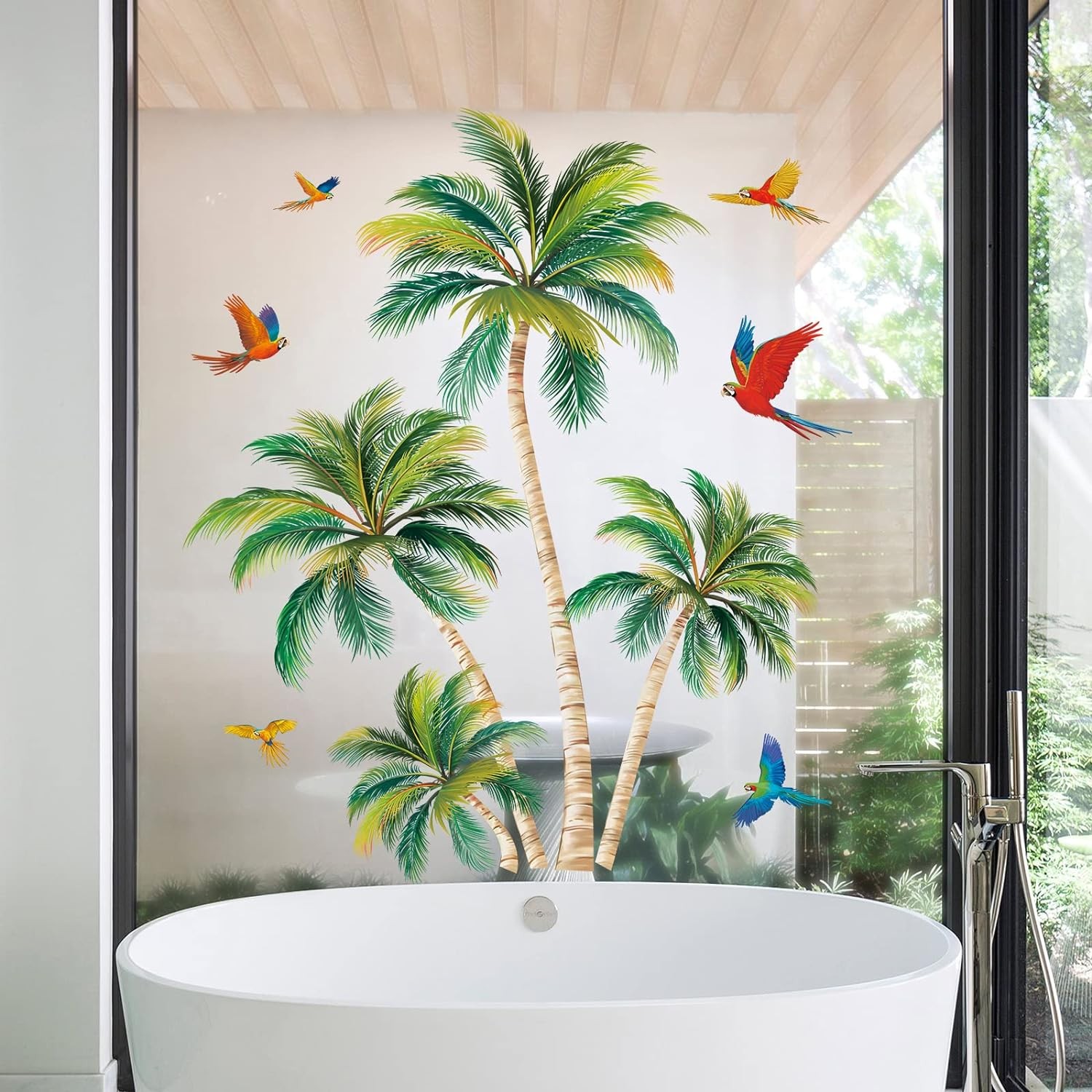 wondever Tropical Window Clings Palm Tree Birds Glass Sticker Decal Anti