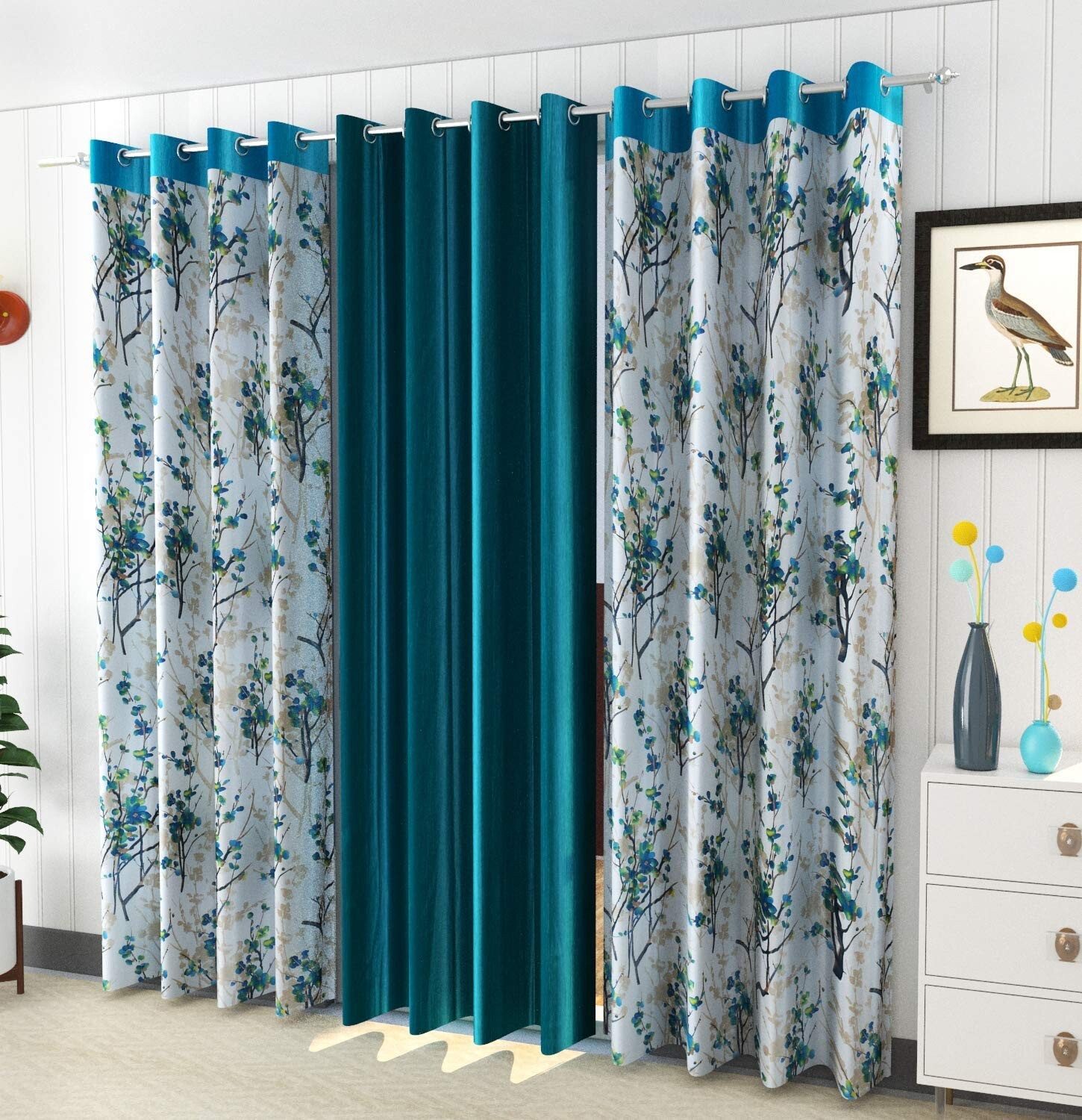 3 Piece Floral Shaded Grommet Ringtop Door Window Curtains Set 5 Feet Aqua