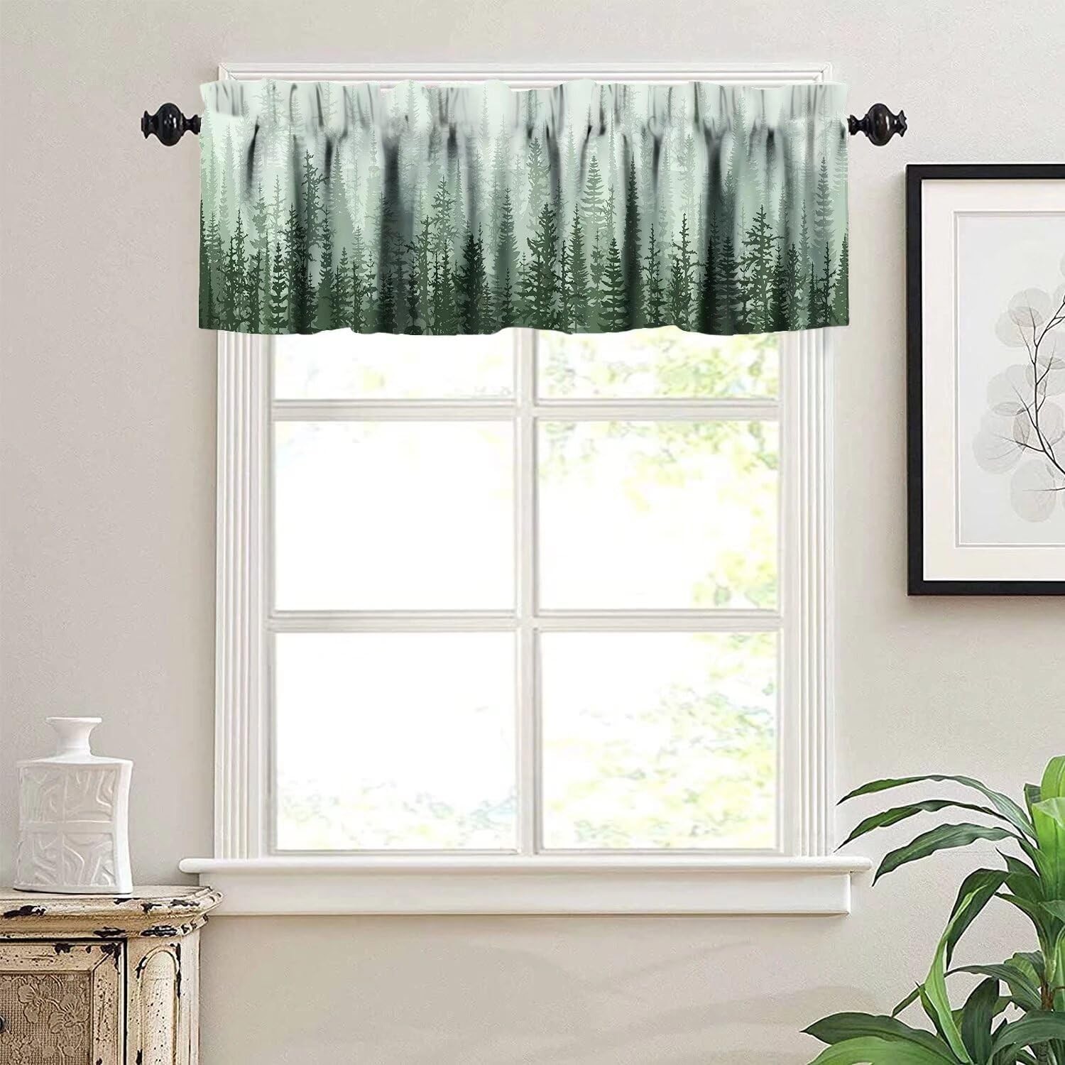 Foggy Green Forest Valance Curtain Landscape Coniferous Tree Rod Pocket Valan…