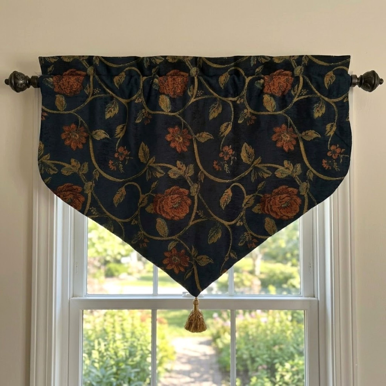 Set of 4 Vintage Heavy Tapestry Ascot Valances Rose Floral Navy Blue Victorian
