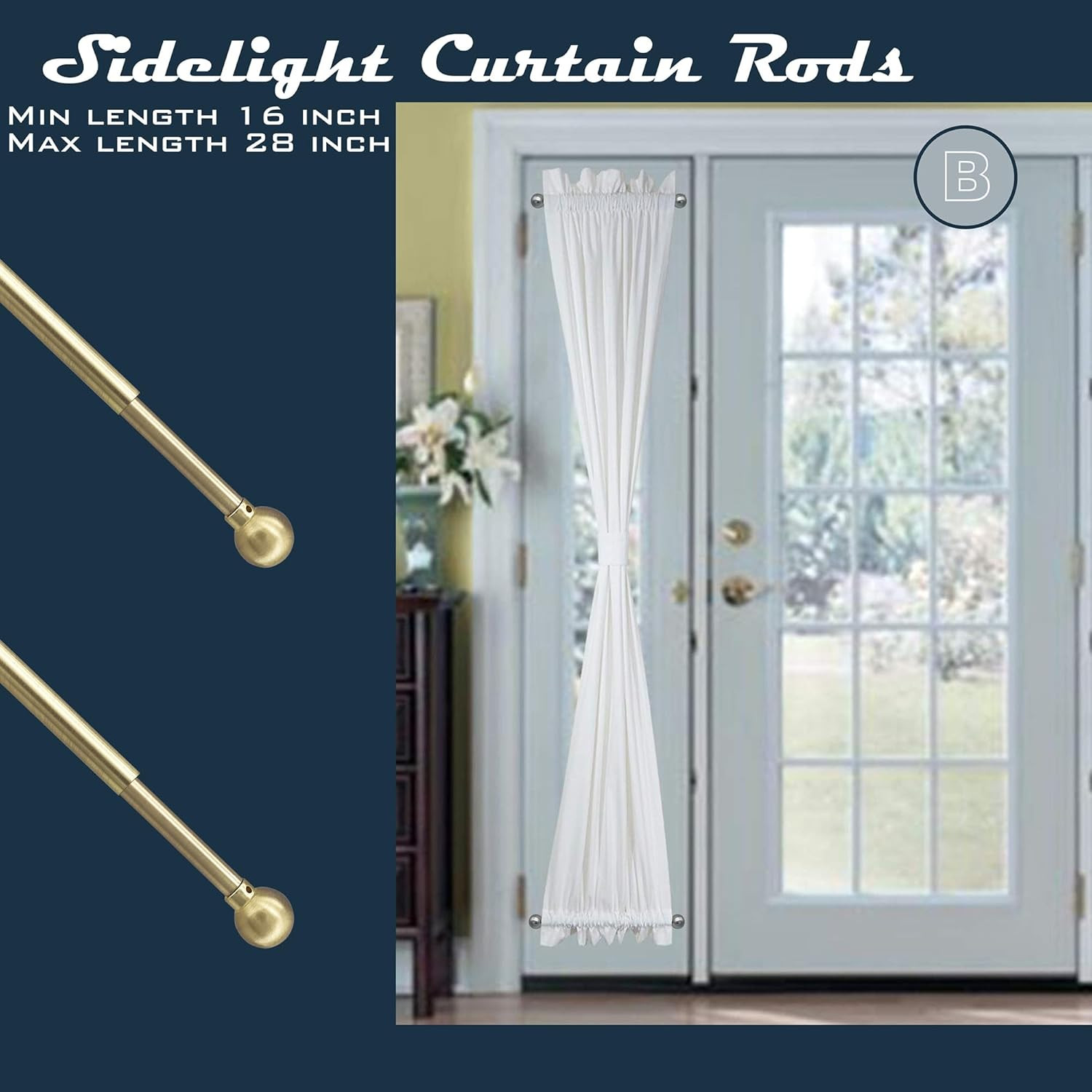 Adjustable French Door Curtain Rods, 16-28 Inch, 2 Pack, Brass Finish