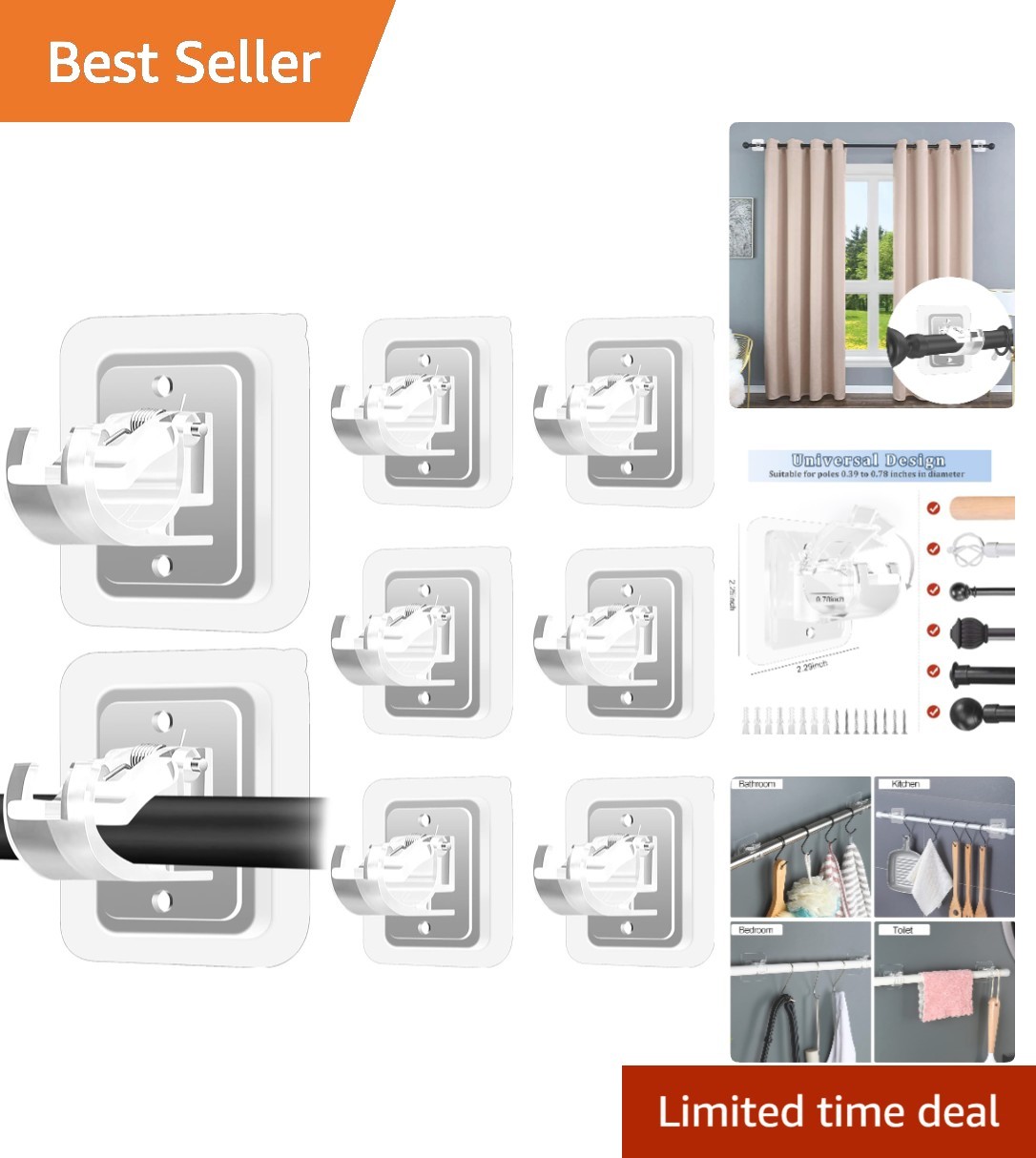 Self-Adhesive Curtain Rod Holders – 8 Transparent Brackets for Safe Installation