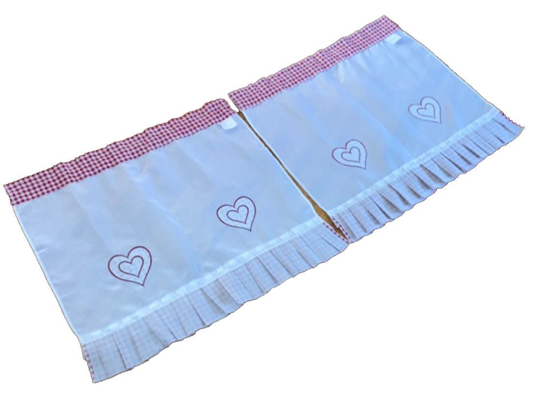 Farmhouse White Red Gingham Embroidered Heart Valance Set 26″ L X 28″ W
