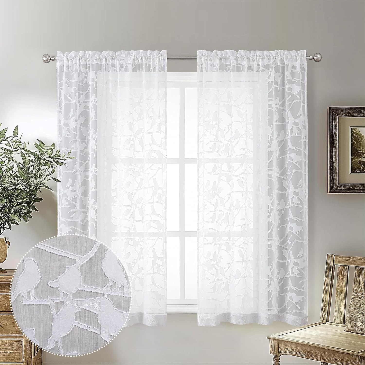 OVZME Anji Bird White Sheer Curtains 45 Inches Long 2 Panels Set for Small Windo