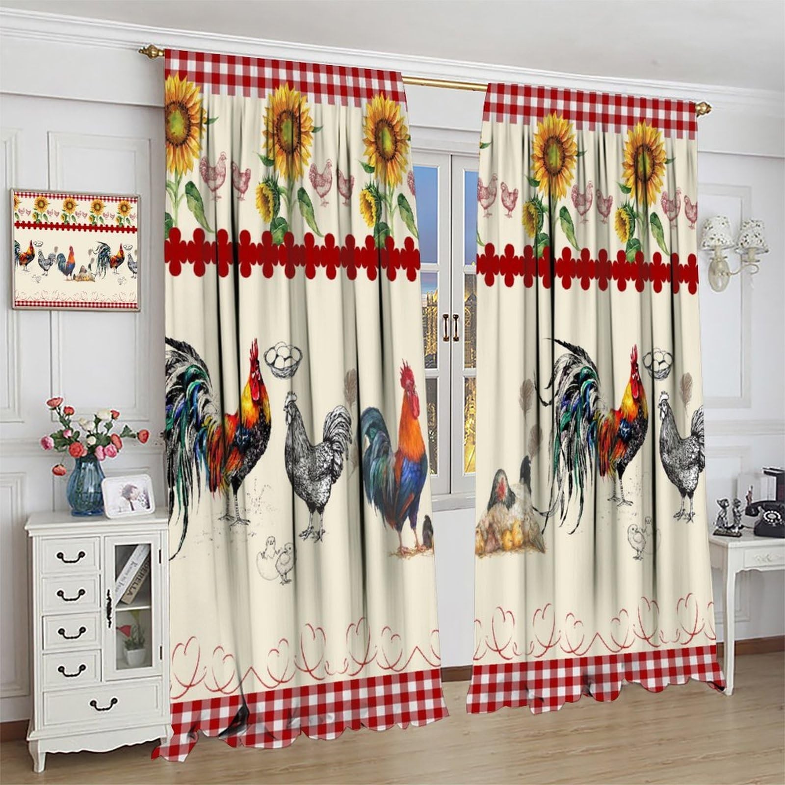 Rustic Rooster Curtain,Vintage Chicken Red Plaid Country Farm Sunflower Windo…