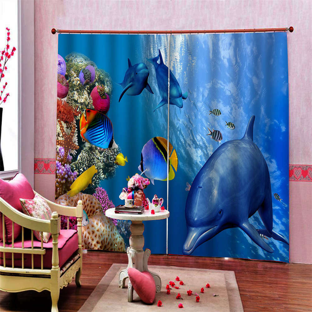 Local Dolphins Sea Color Thorough Printing 3D Blockout Curtains Fabric Window