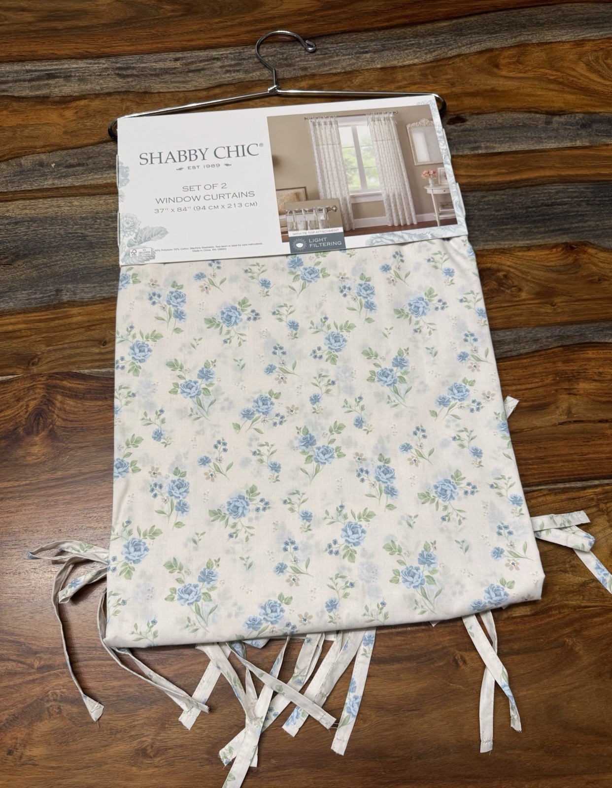 Shabby Chic Set Of 2 Floral Window Curtains Blue Rose Light Filtering 37”x84”