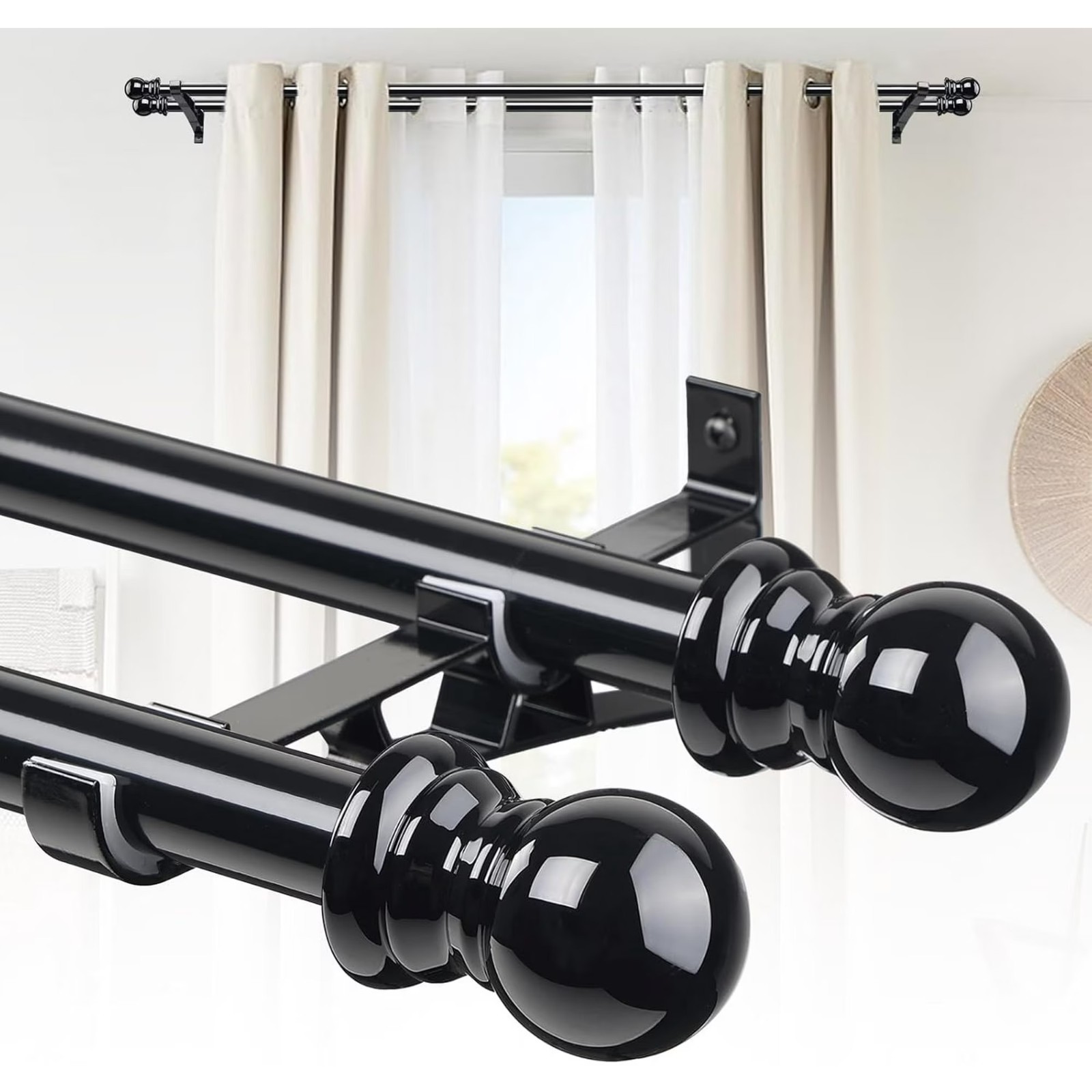 Matte Black Double Curtain Rods, 28 to 14 Inch, Heavy Duty 1-Inch Front and 5…