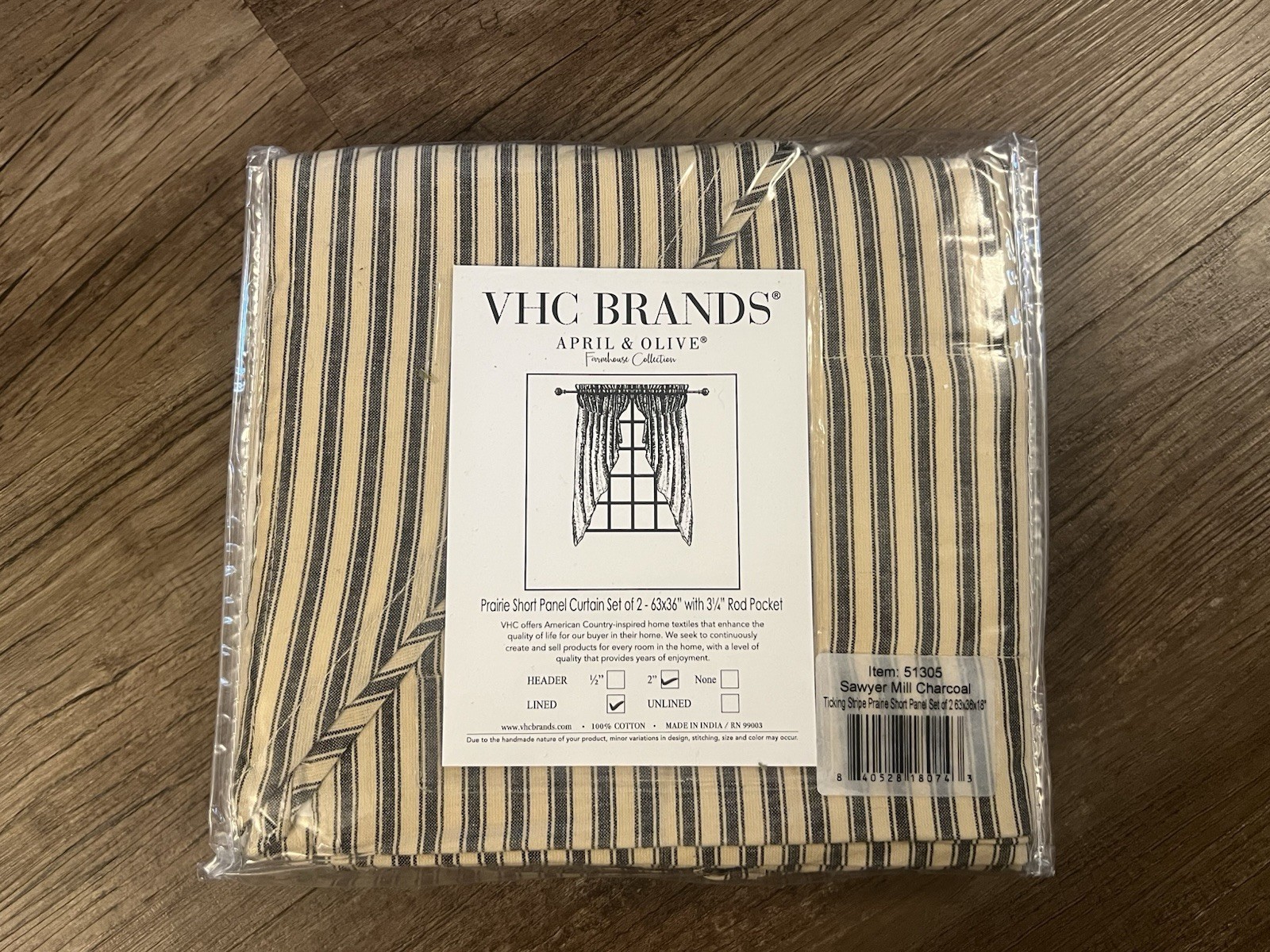 VHC Brands Sawyer Mill Charcoal Ticking Stripe Short Panel Set 63×36 inches