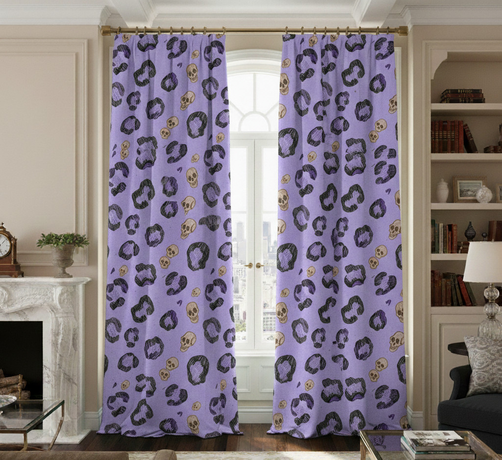 Skull Leopard print Window Curtains, Dense Floral Panel, Living Room 70% Ligh