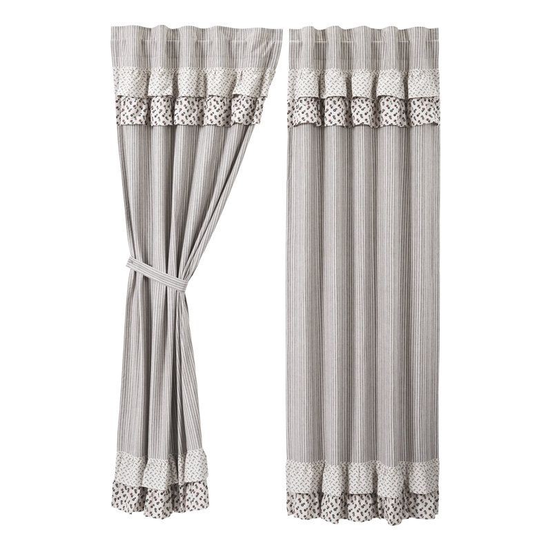 Farmhouse Ruffle Curtains 40×84 Brown Taupe Floral Striped Panel Pair Cottage