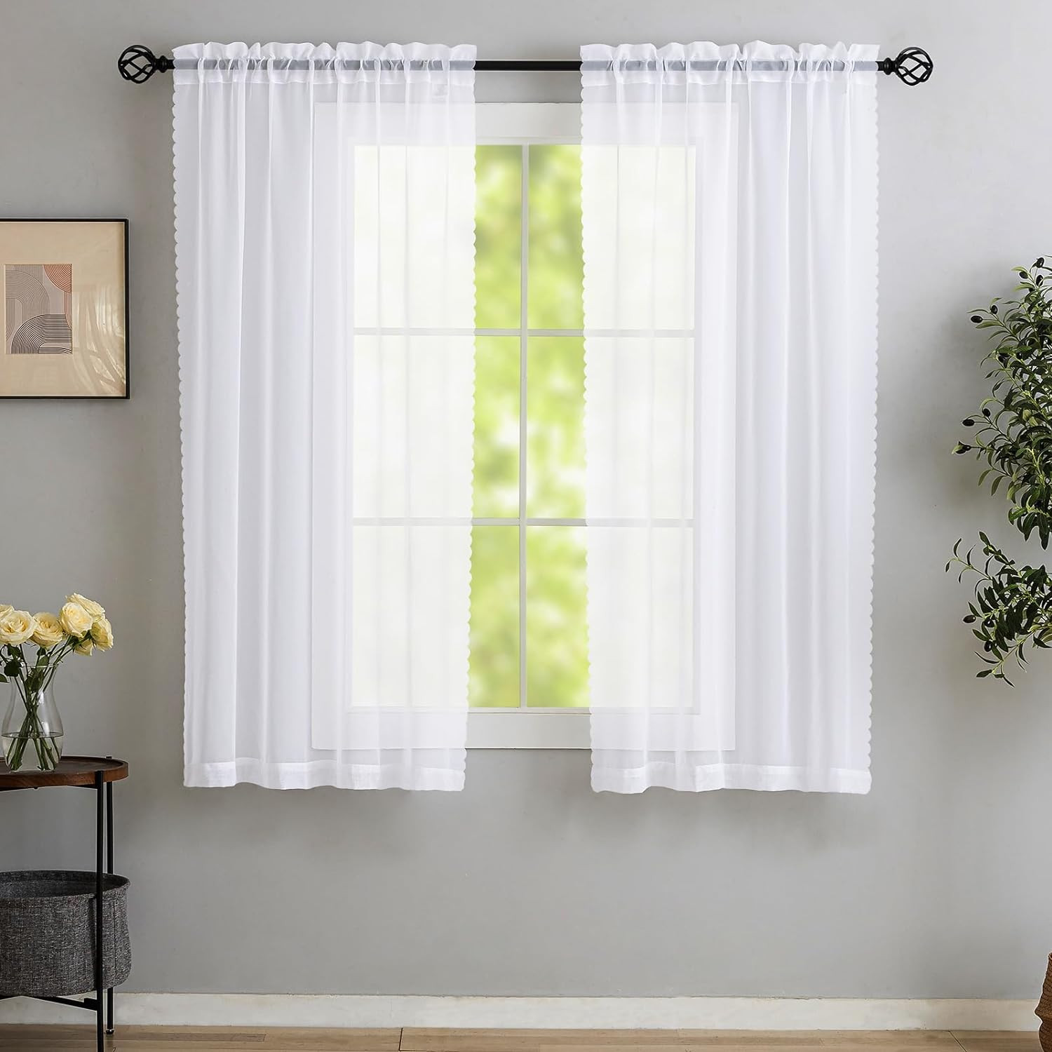White Sheer Curtain Panels 72 Inch Length, Light Filtering Window Curtain Drapes