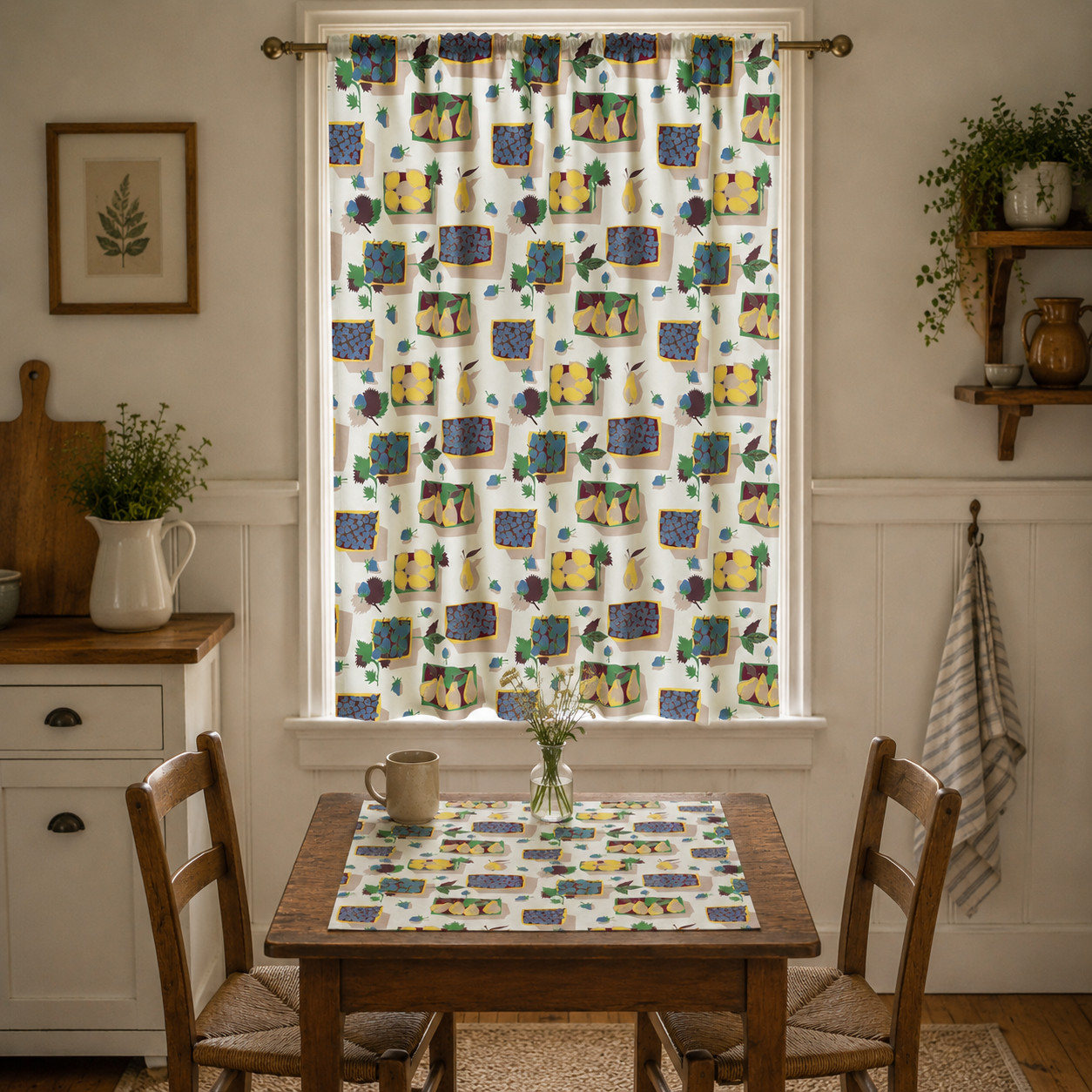 Vintage Fruit Themed Curtain Panel Square Table Runner Set Cottage Farmhouse
