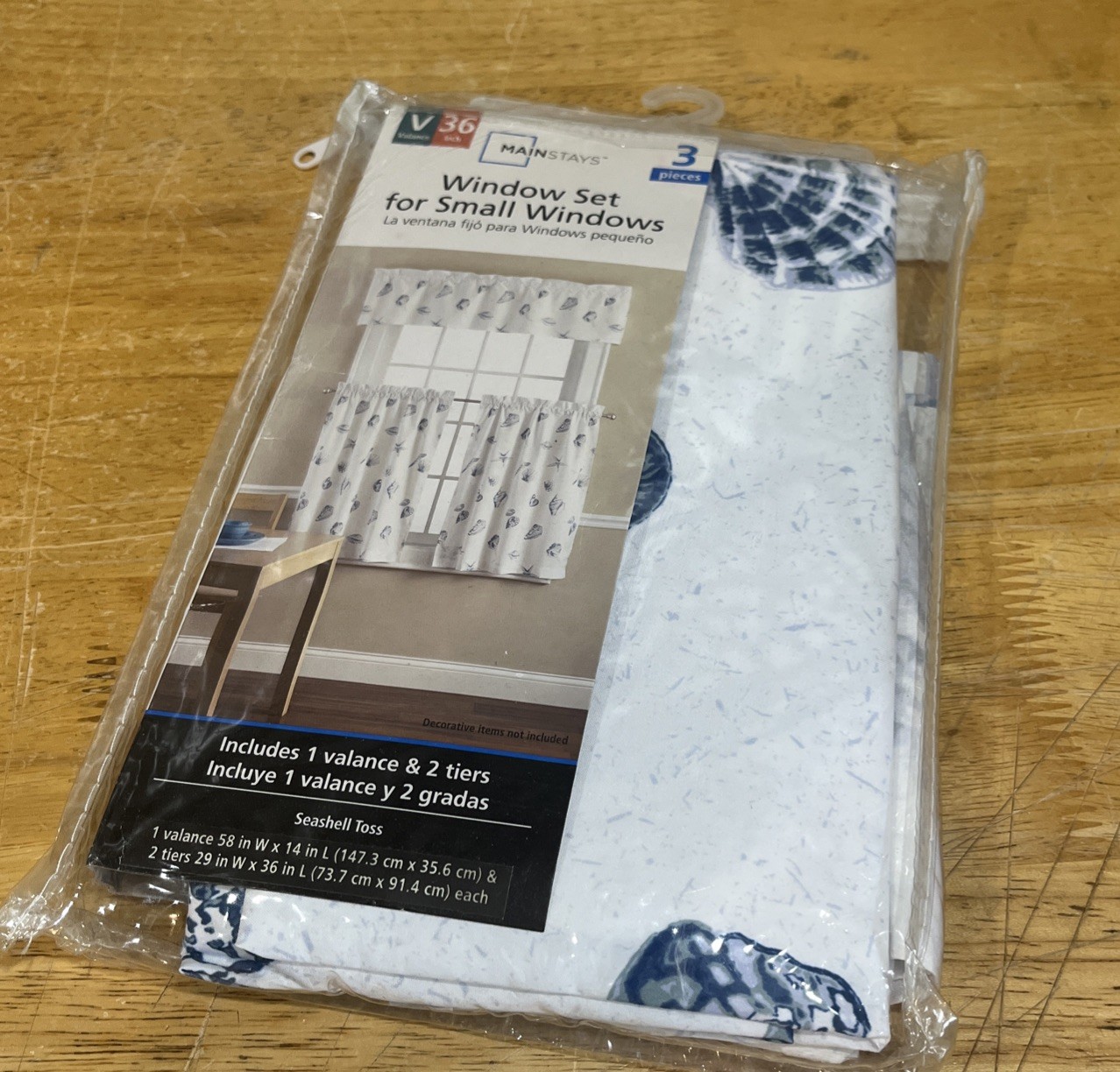 Vtg Mainstays Seashell Toss Window Set 3 Piece Blue Nautical Beach
