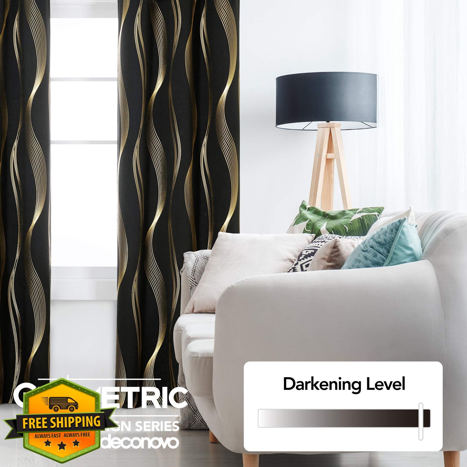 Deconovo Blackout Grommet Curtains Gold Wave Print 52×84 Inch 2pk