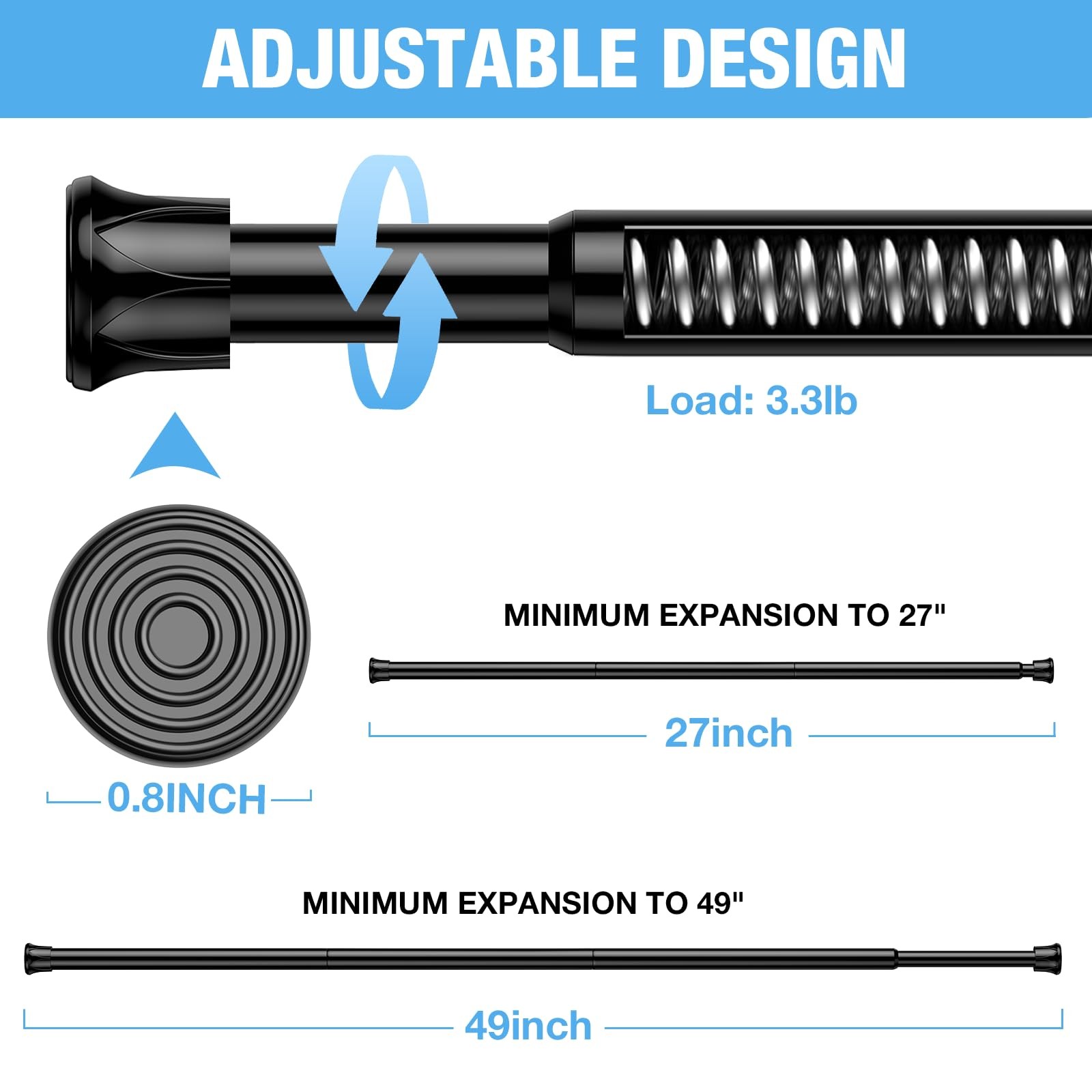 6 Pack Spring Tension Rods 28-43 Inches,5/8″ Diameter Black Spring Load Adjus…