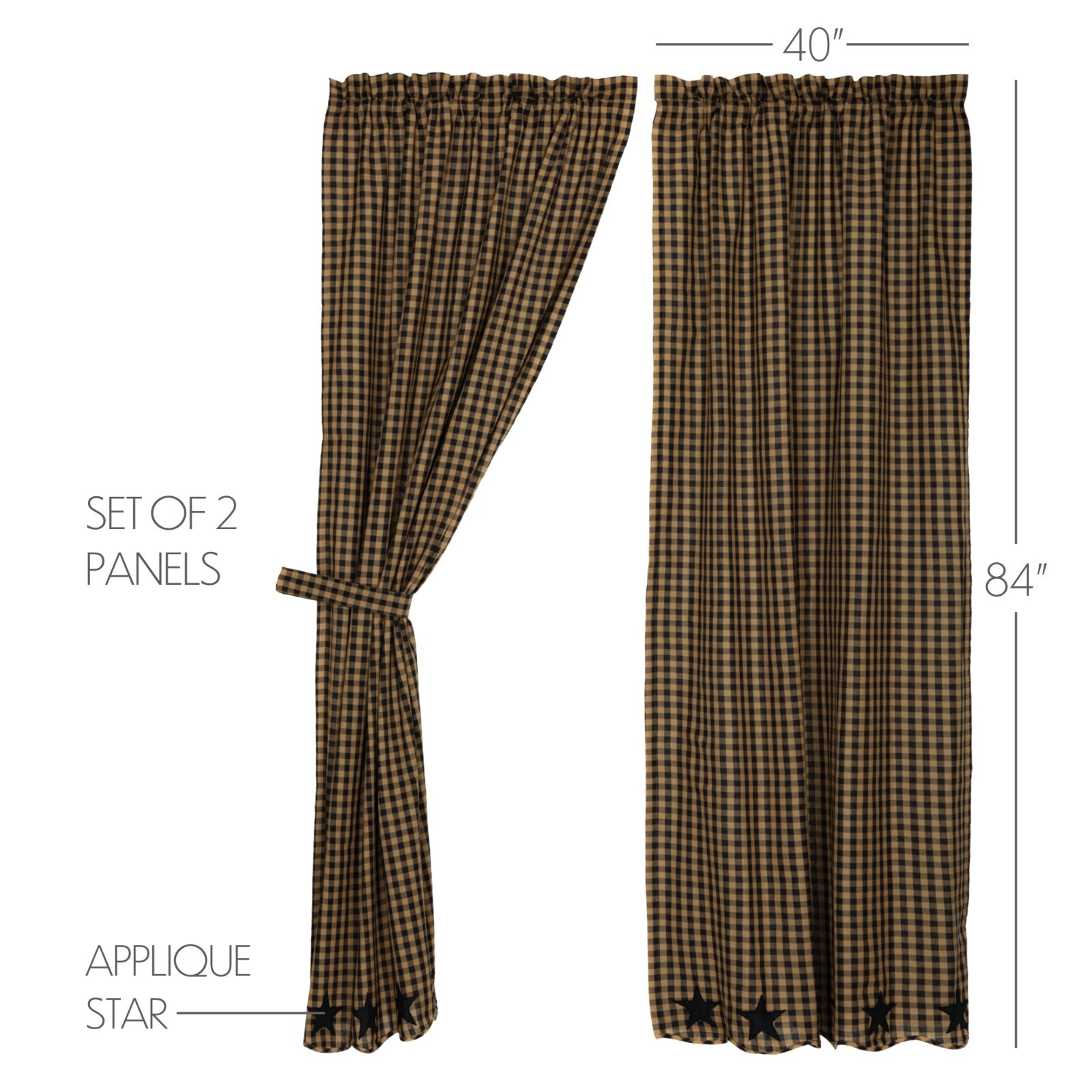 Black Star Scalloped Panel Set Country Farmhouse Check Lined 84″ VHC Khaki