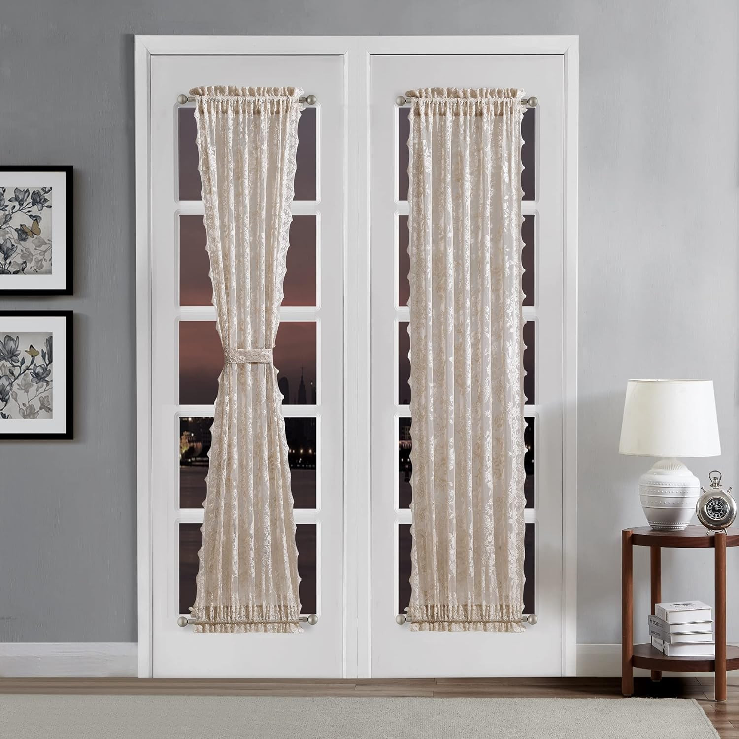 Pair of Premium Lace French Door Curtains or Sidelight Door Curtains with 2 Tieb