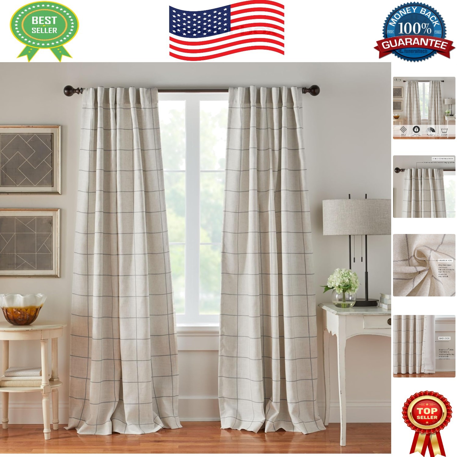 Elegant Blackout Drapes – 52″x84″ Grey Plaid for Bedrooms & Living Rooms