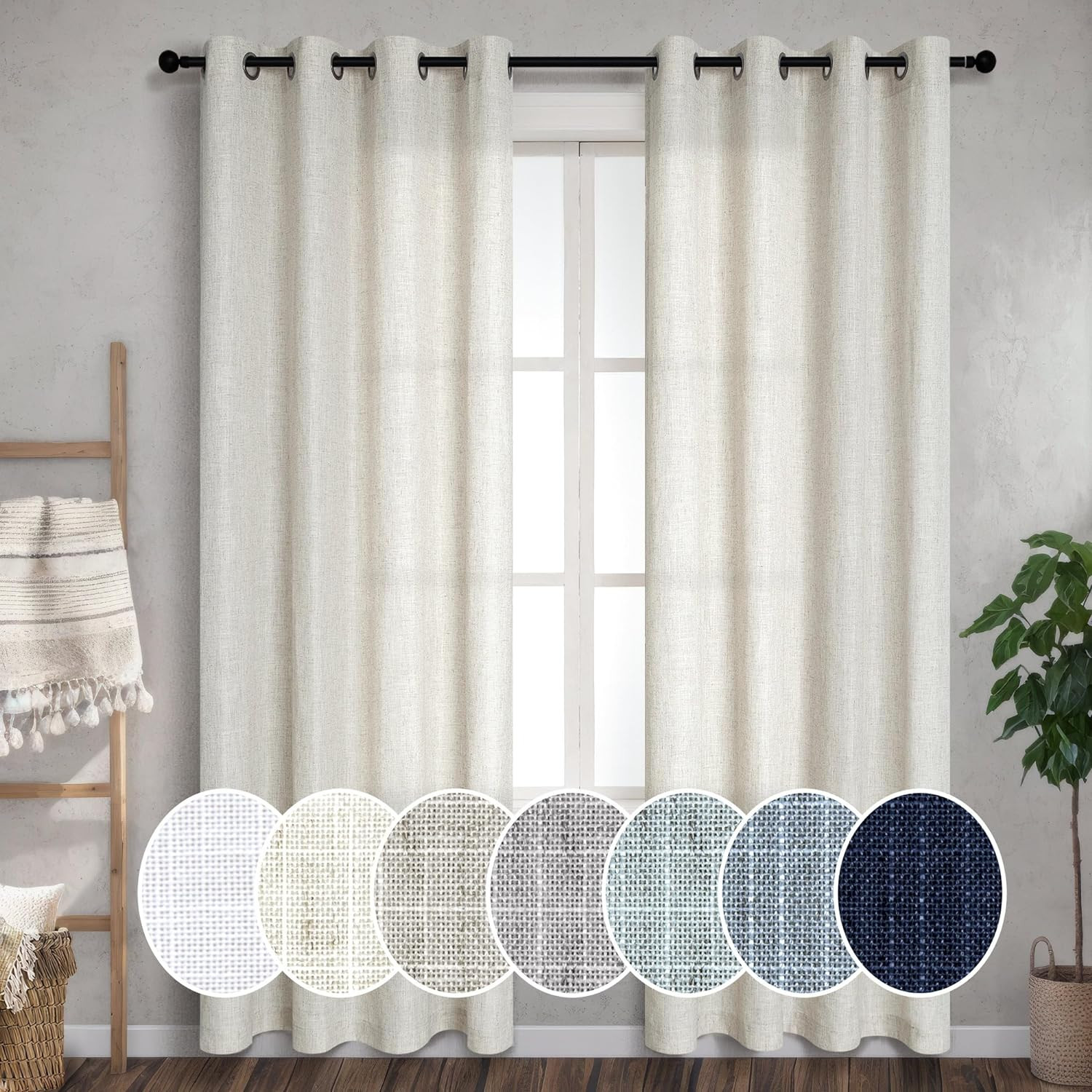 Tan Beige Linen Curtains 105 Inches Long for Living Room 2 Panel Sets Grommet Se