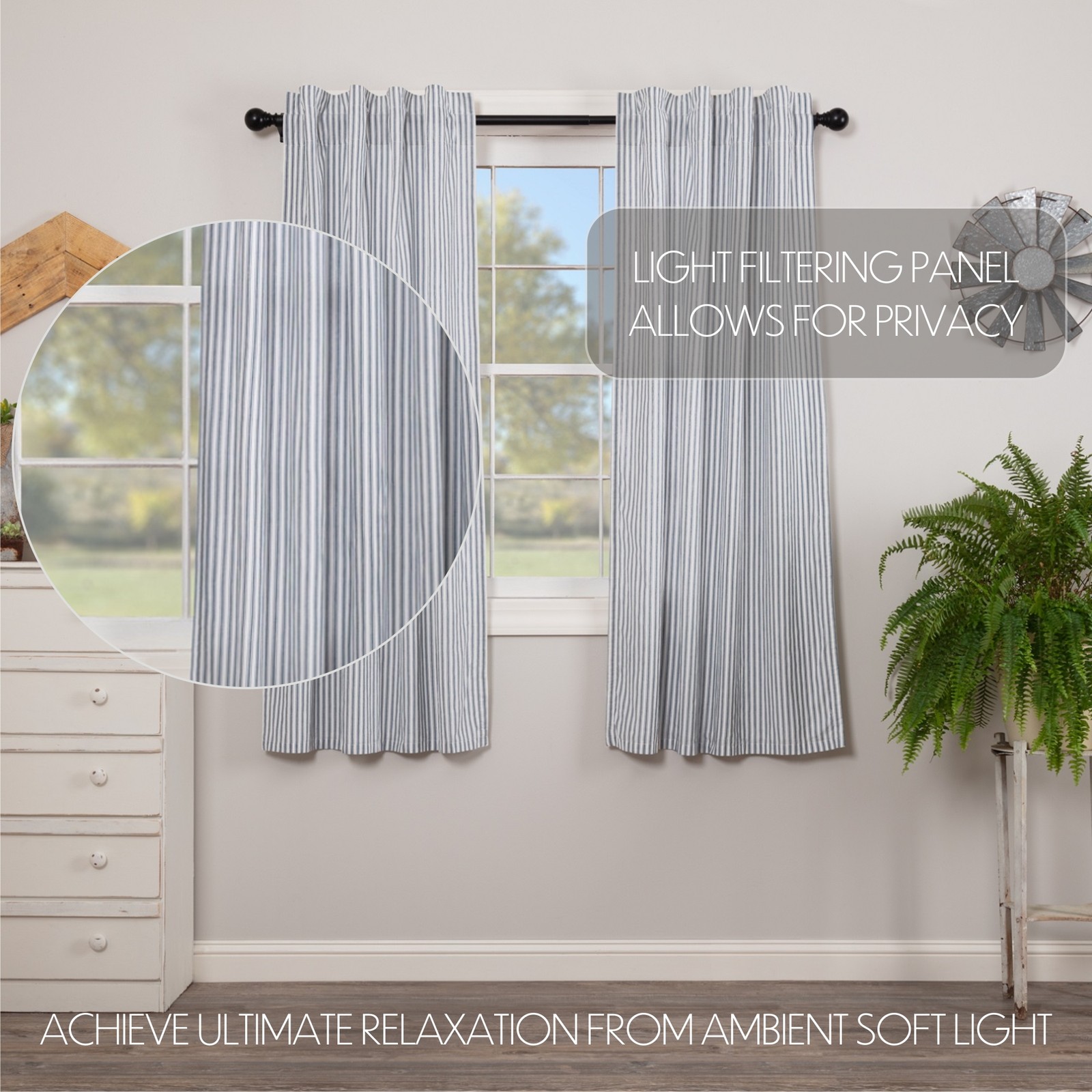 Farmhouse 63″x36″ Ticking Stripe Panel Pair Blue Rod Window Curtains VHC Brands