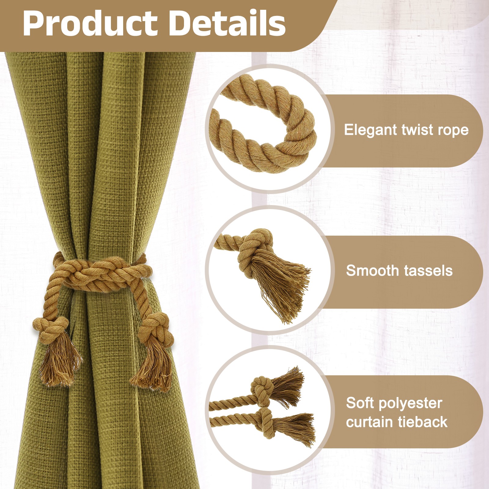 2pcs curtain ties, lanyard with tablecloths 30″ polyester, light brown