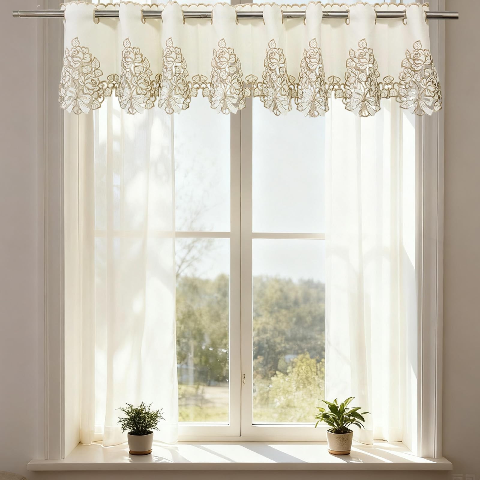 1panel Embroidery Bowknot Decorative Cafe Curtain Half Windows Curtain Floral…