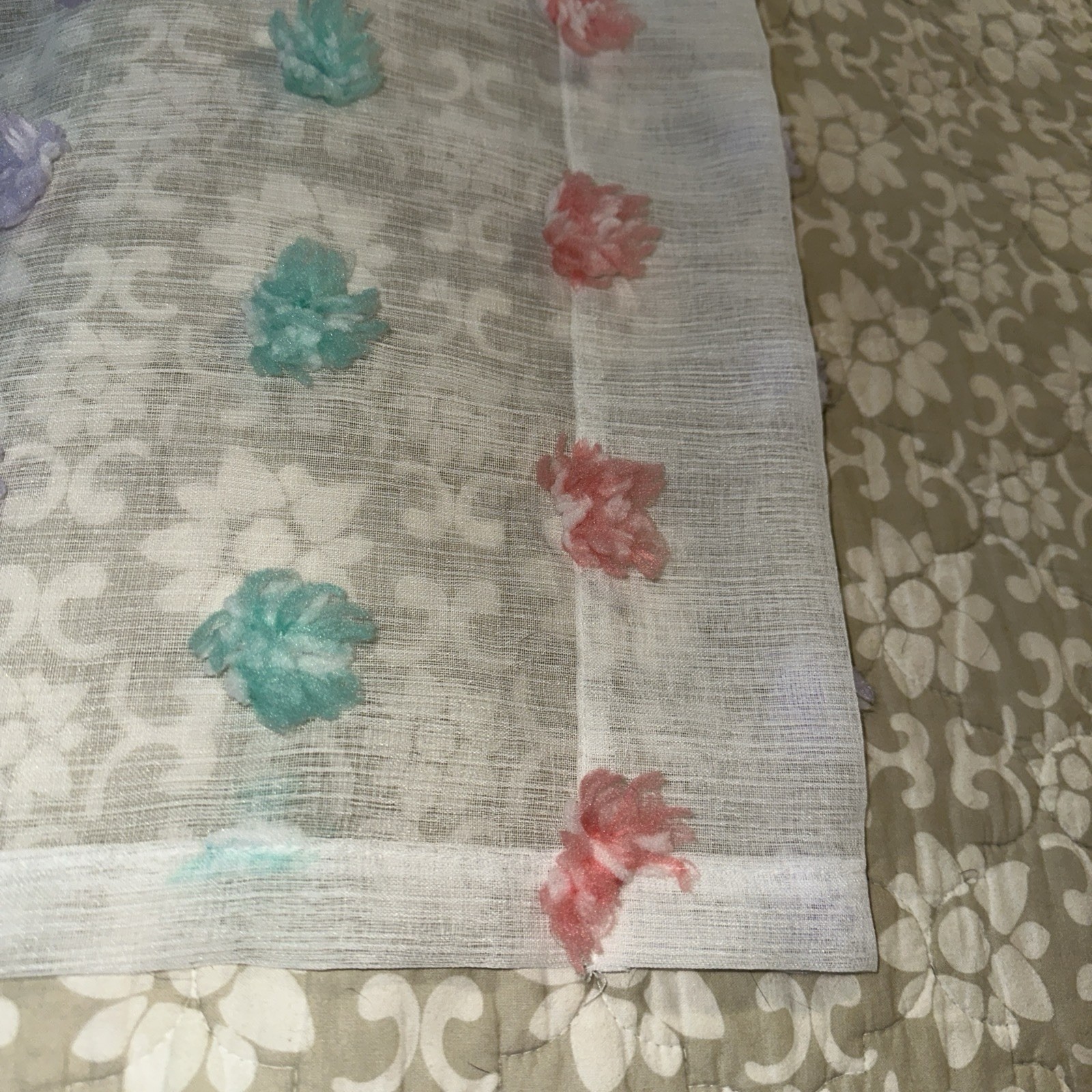 YOUR ZONE POM POMS CURTAIN PANEL 38X84 SHEER WHITE PASTEL COLORS EUC