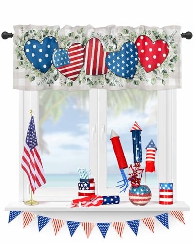 4th of July Valance for Windows 54″W x 18″L (Pack of 1) Patriotic Heart