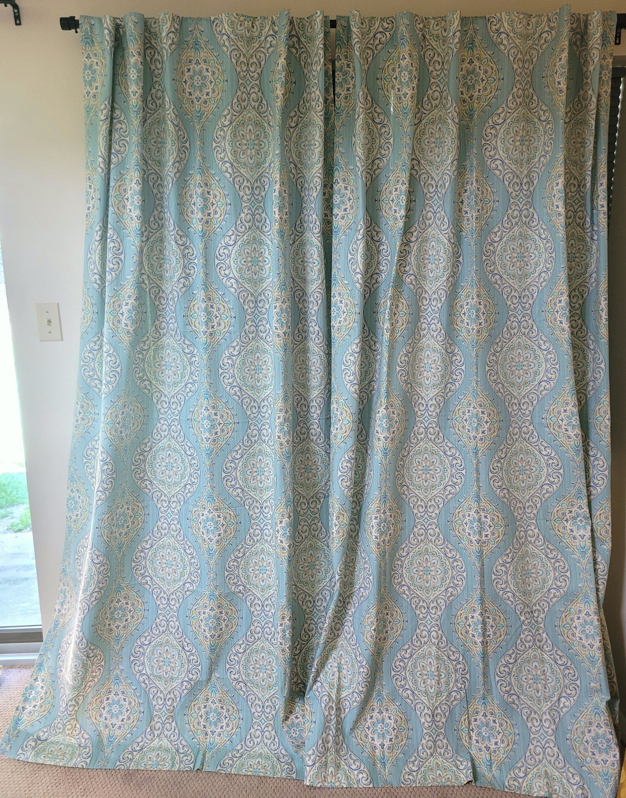 Waverly Lot of 4 Curtain Panels Blue Green Paisley Rod Pocket Back Tab 84×50
